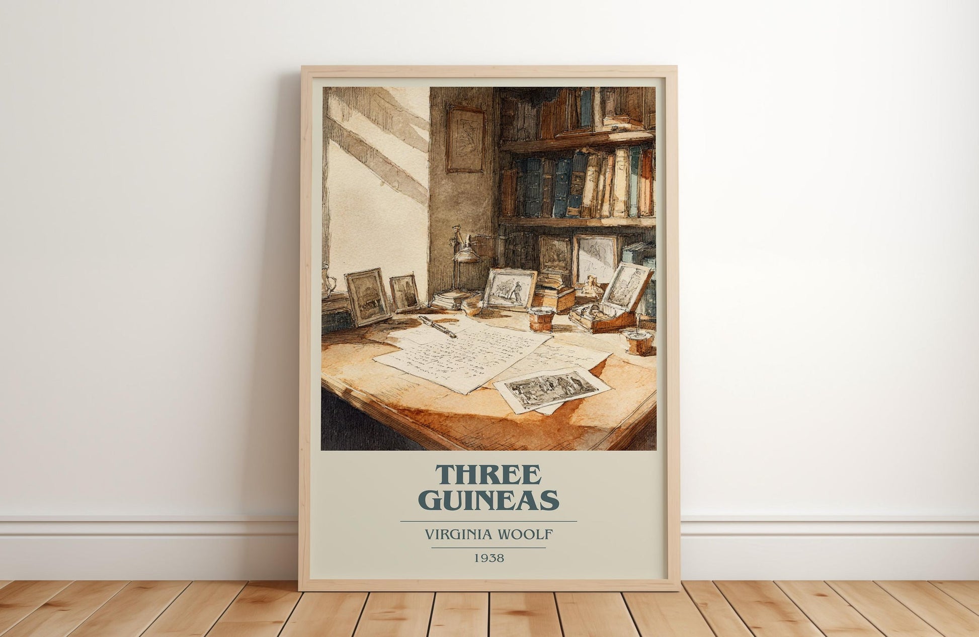 Three Guineas book cover print in frame leaning in hallway – classic literature wall art