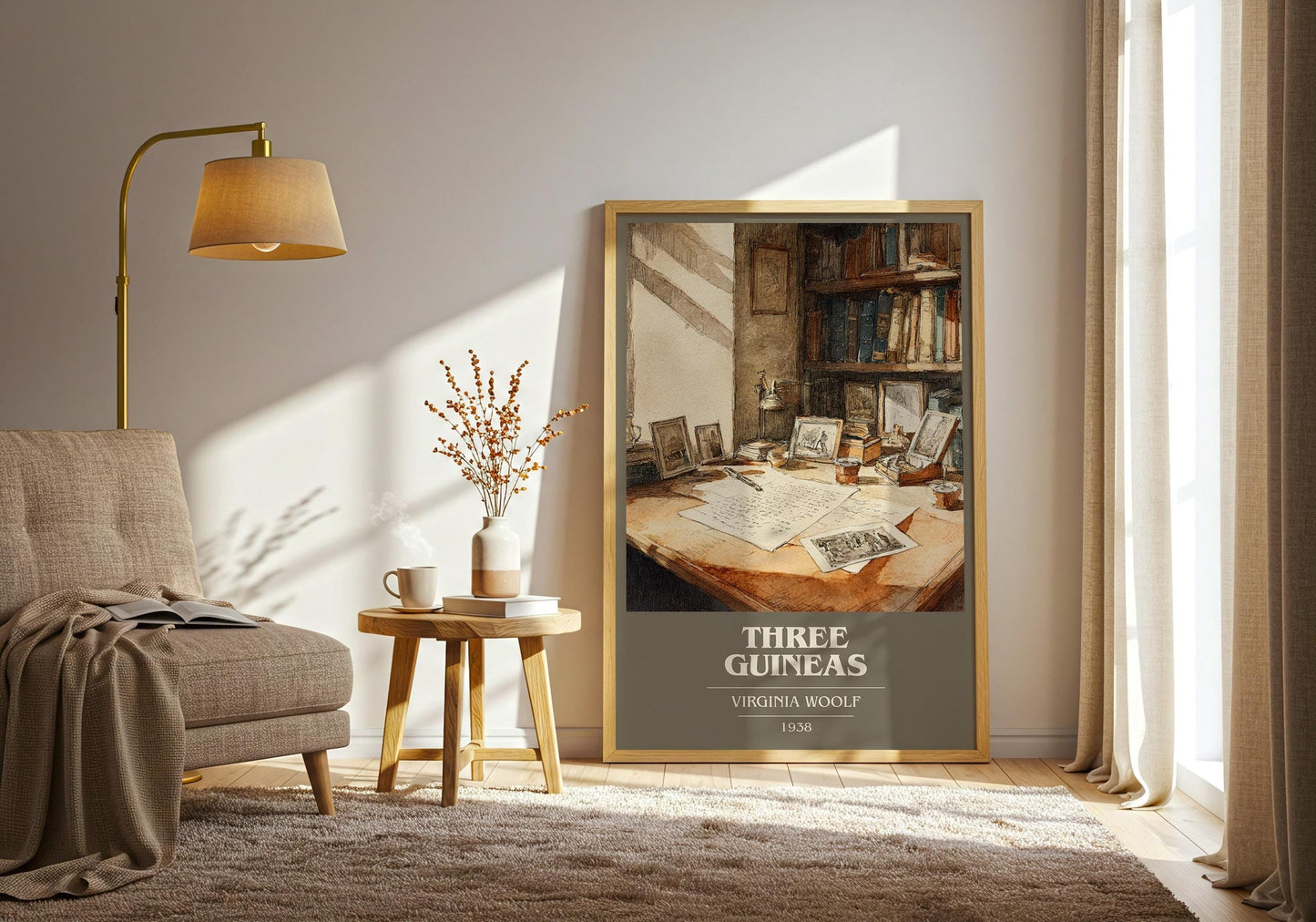 Three Guineas book cover print on bookshelf – Virginia Woolf fan gift