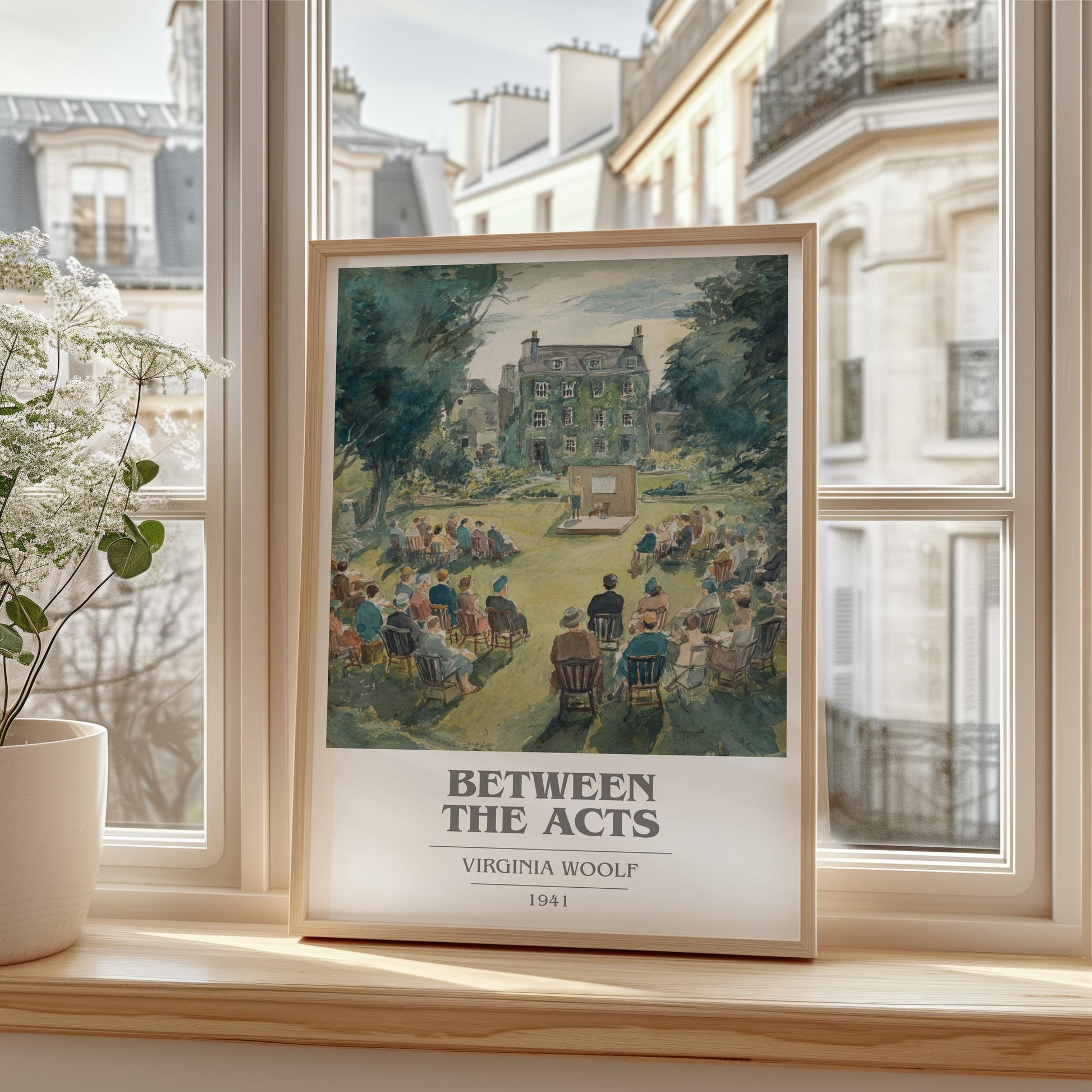 Between the Acts book cover print framed by window – literary home decor