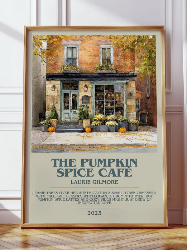 The Pumpkin Spice Café bookish print in frame leaning in hallway – childrens wall art