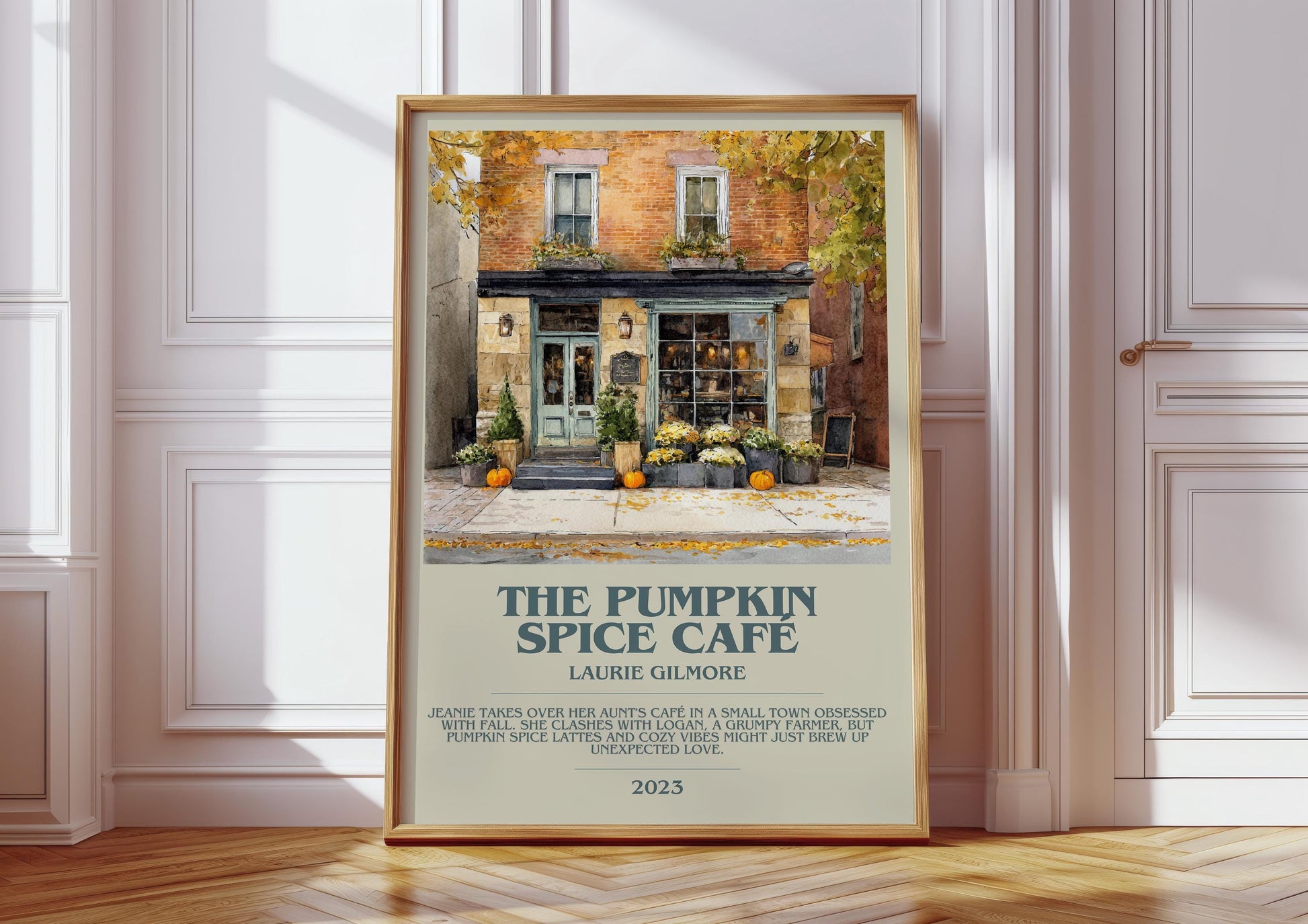 The Pumpkin Spice Café bookish print in frame leaning in hallway – childrens wall art