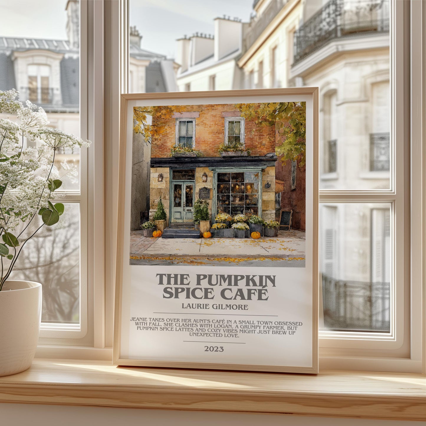 The Pumpkin Spice Café bookish print framed by window – literary home decor