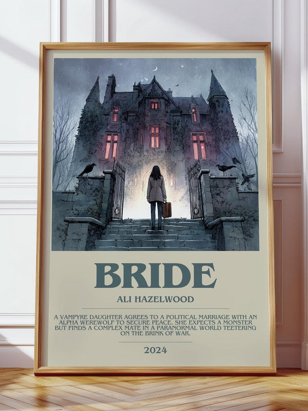 Bride bookish print in frame leaning in hallway – romance wall art