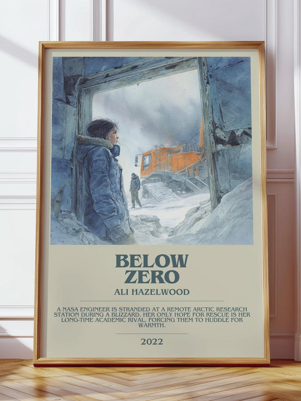 Below Zero bookish print in frame leaning in hallway – romance wall art