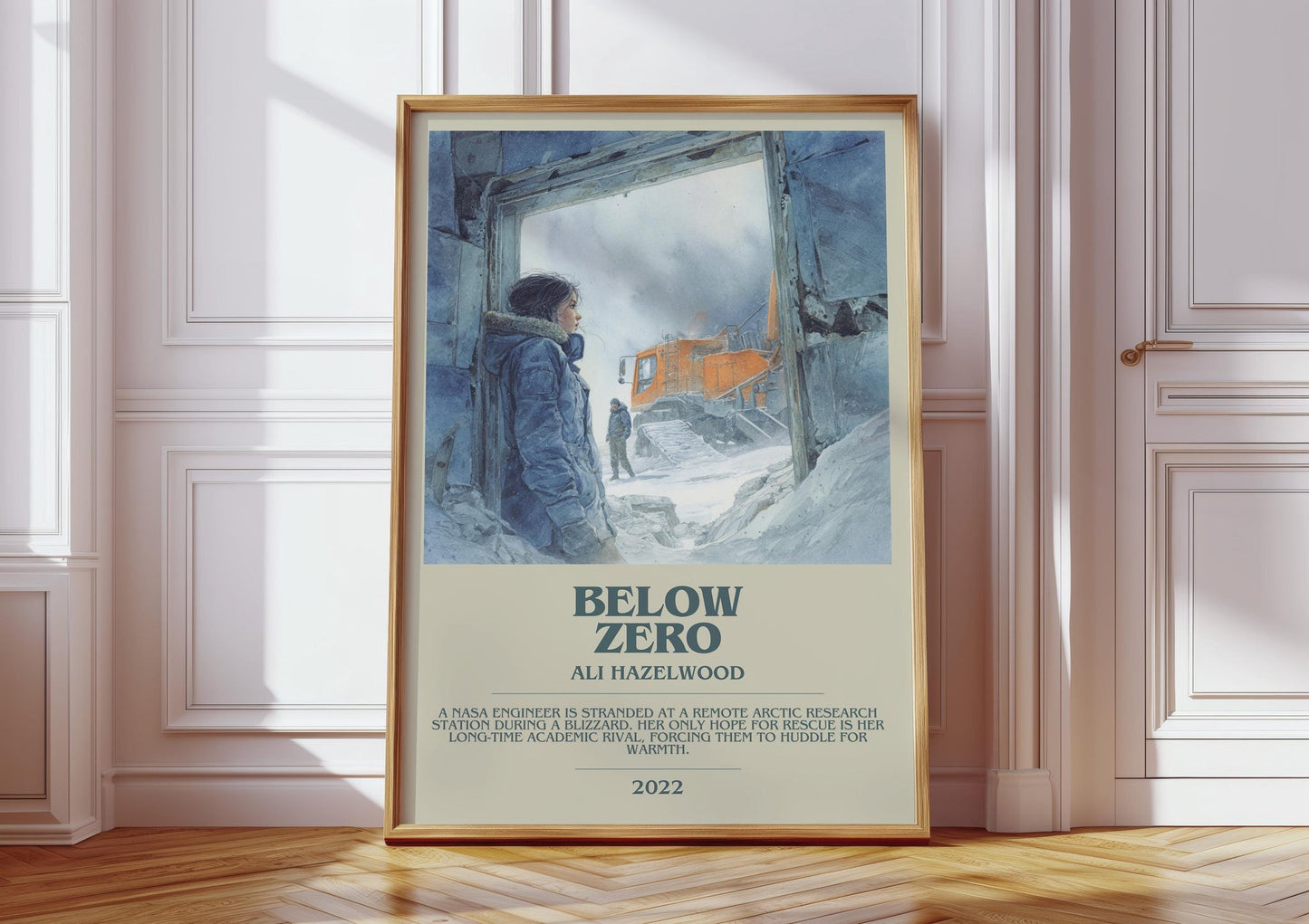 Below Zero bookish print in frame leaning in hallway – romance wall art