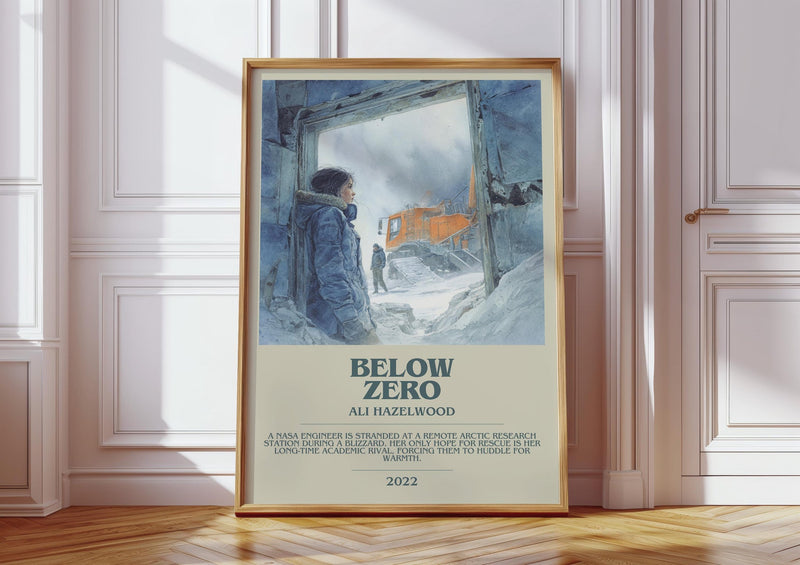 Below Zero bookish print in frame leaning in hallway – romance wall art
