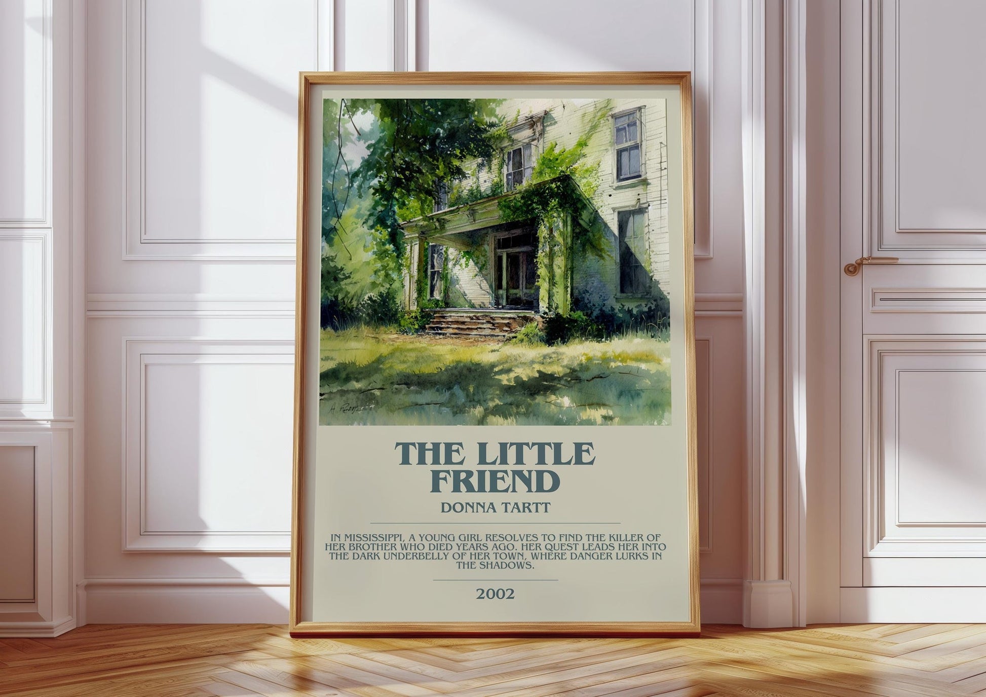 The Little Friend bookish print in frame leaning in hallway – classic literature wall art