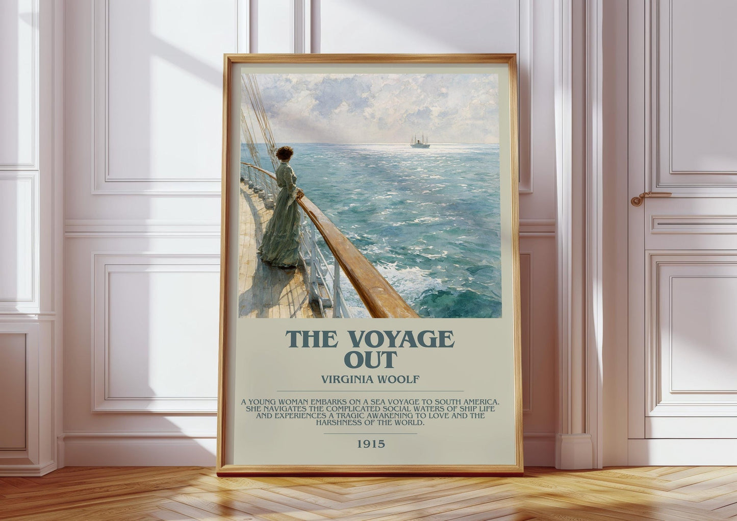 The Voyage Out bookish print in frame leaning in hallway – mystery wall art