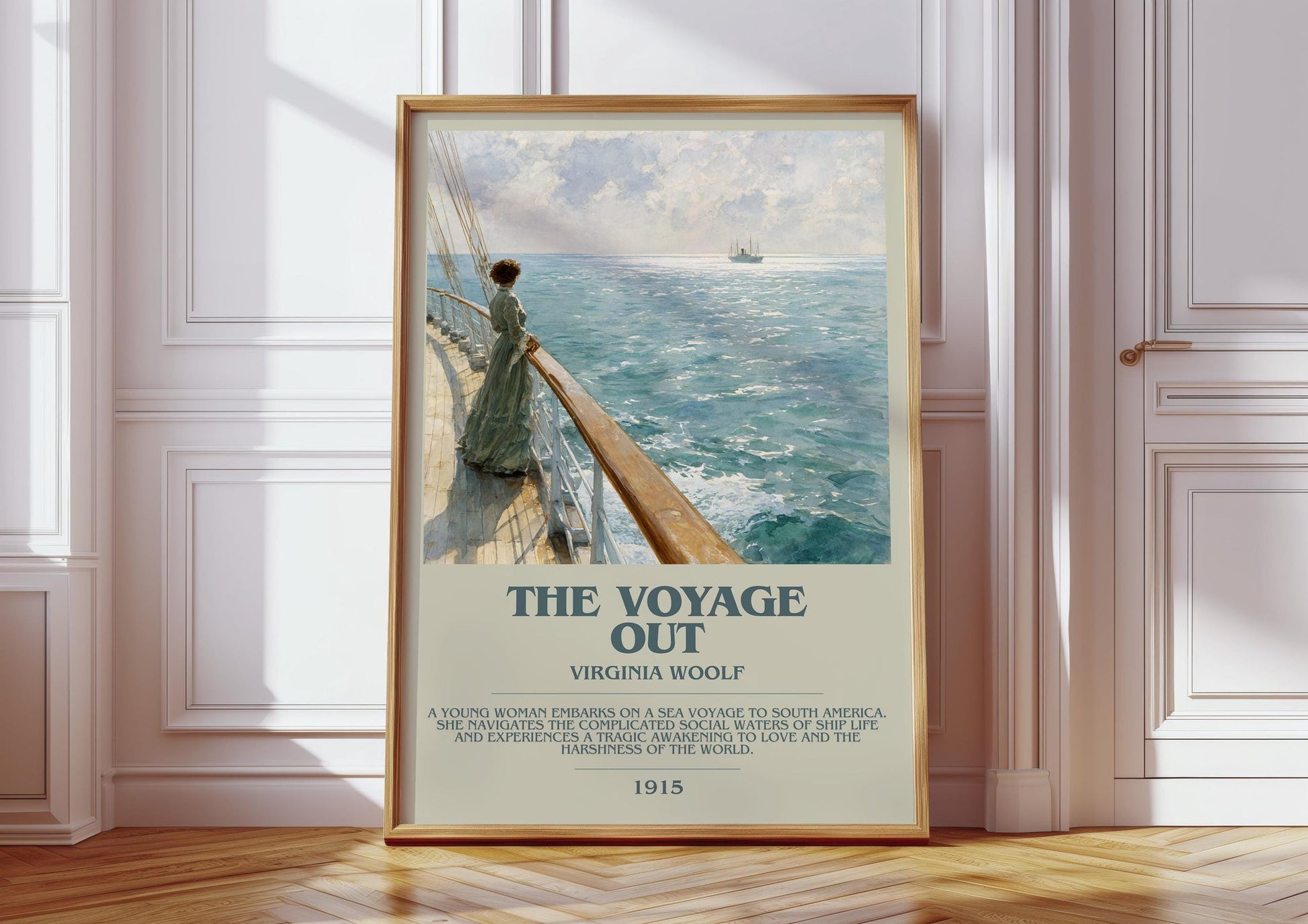 The Voyage Out bookish print in frame leaning in hallway – mystery wall art