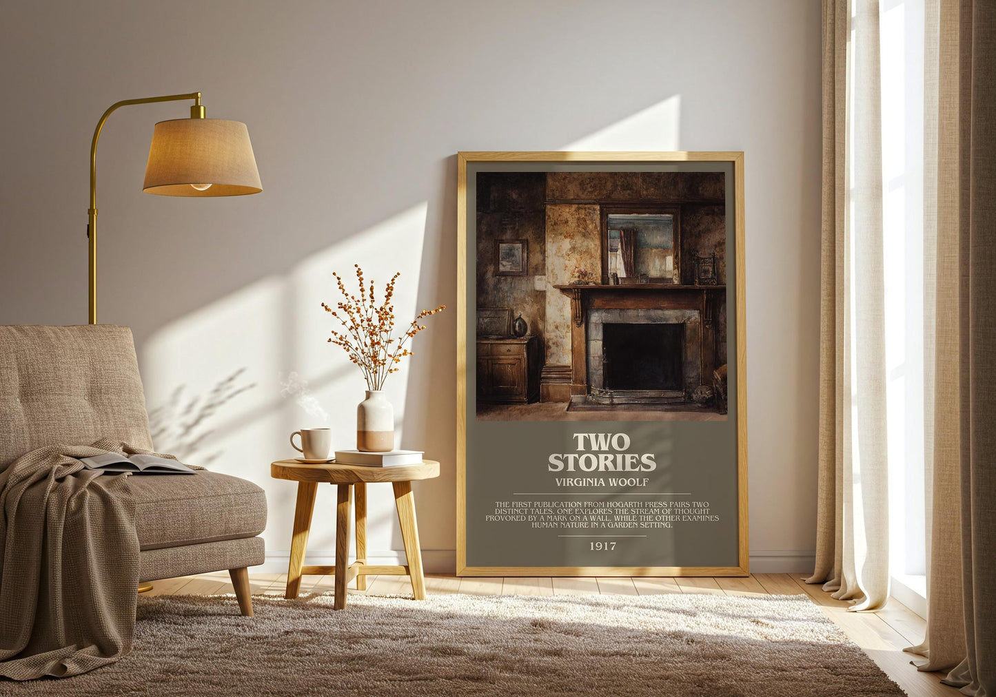 Two Stories bookish print on bookshelf – Virginia Woolf fan gift