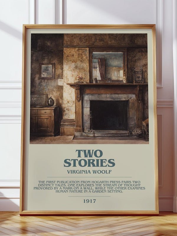 Two Stories bookish print in frame leaning in hallway – classic literature wall art