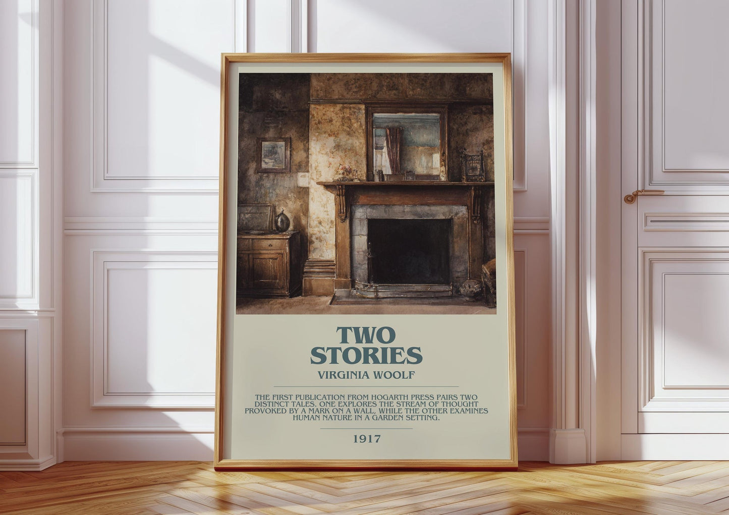 Two Stories bookish print in frame leaning in hallway – classic literature wall art