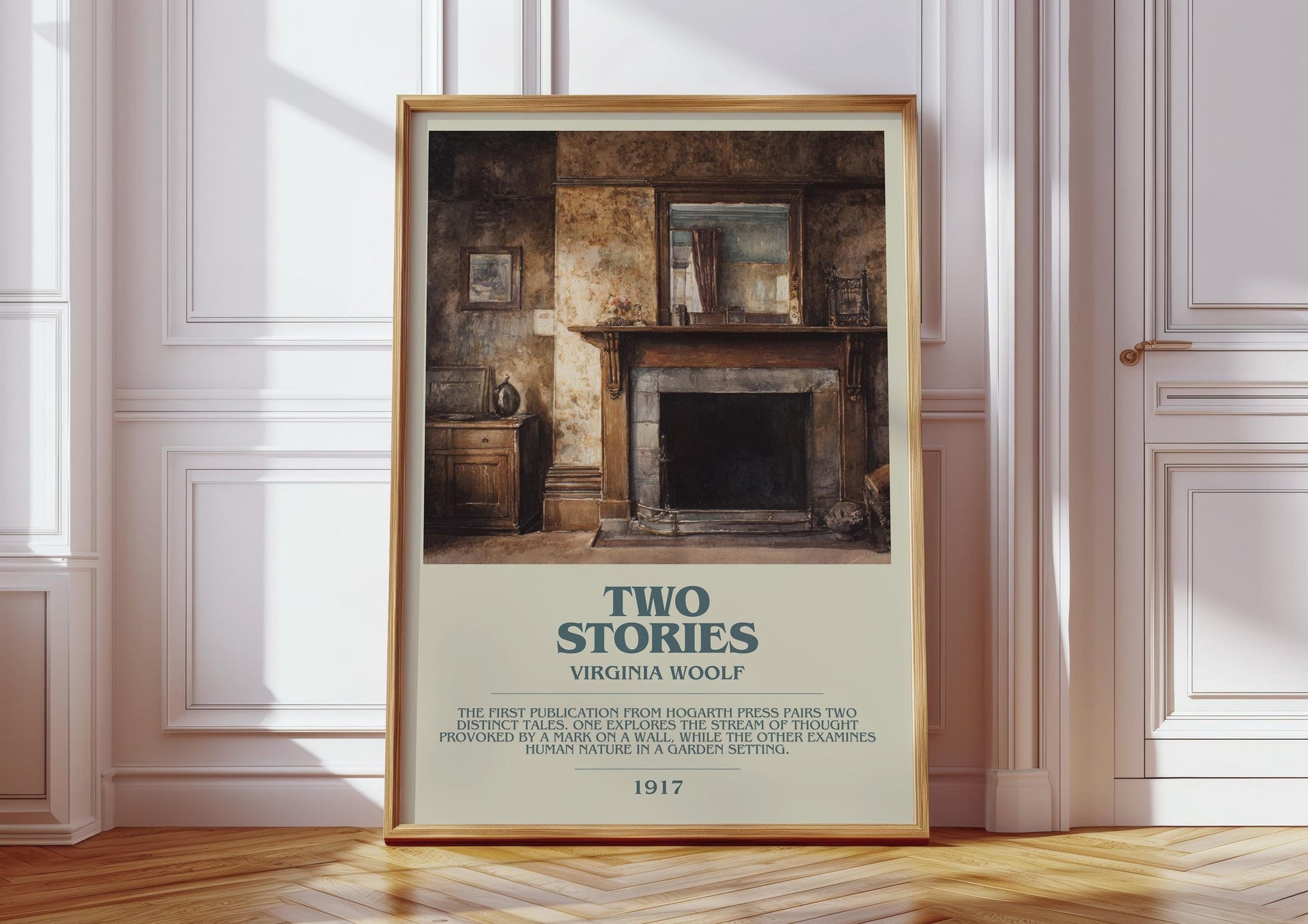 Two Stories bookish print in frame leaning in hallway – classic literature wall art