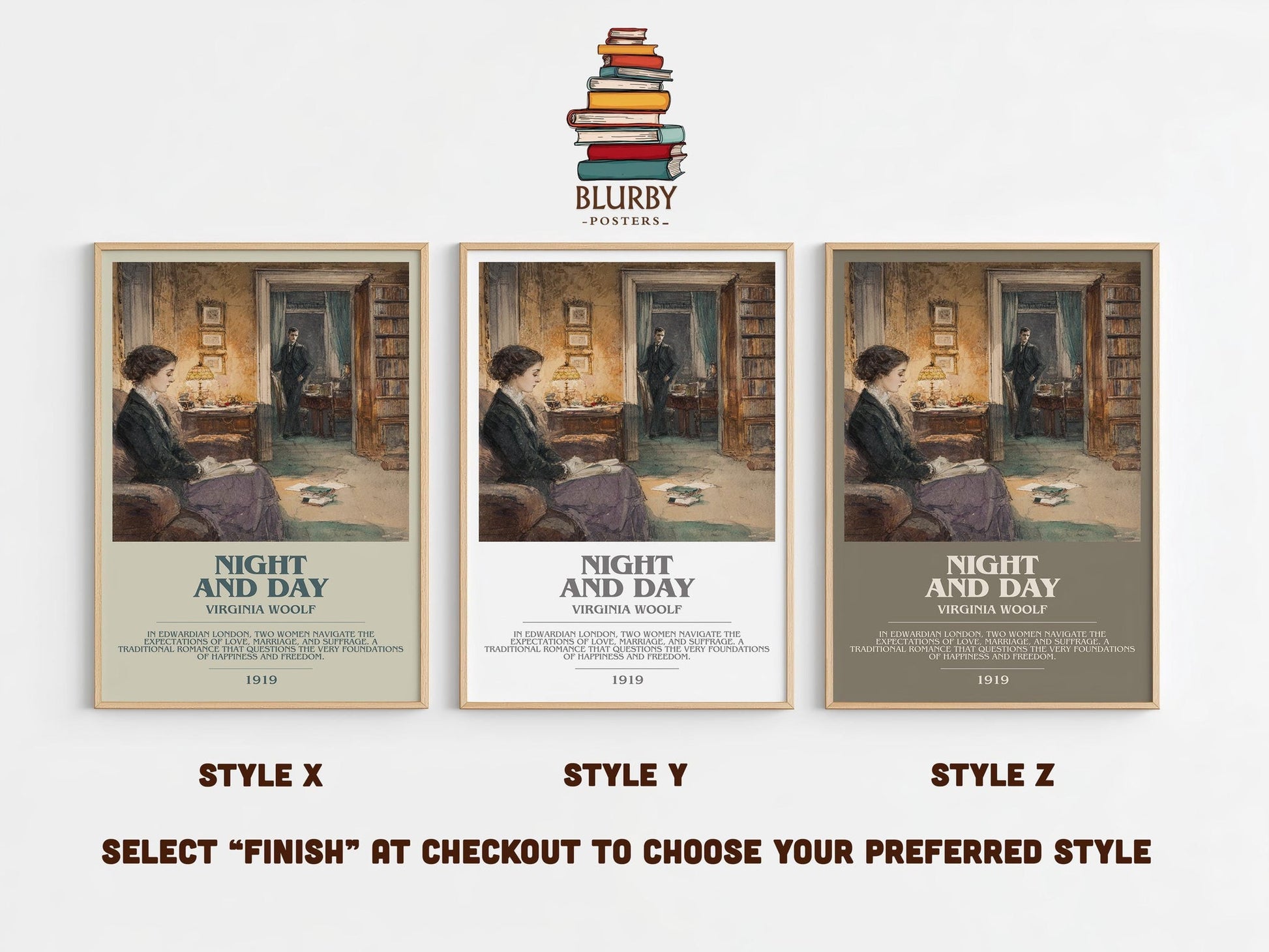 Night and Day bookish poster colour and style options – Virginia Woolf book art