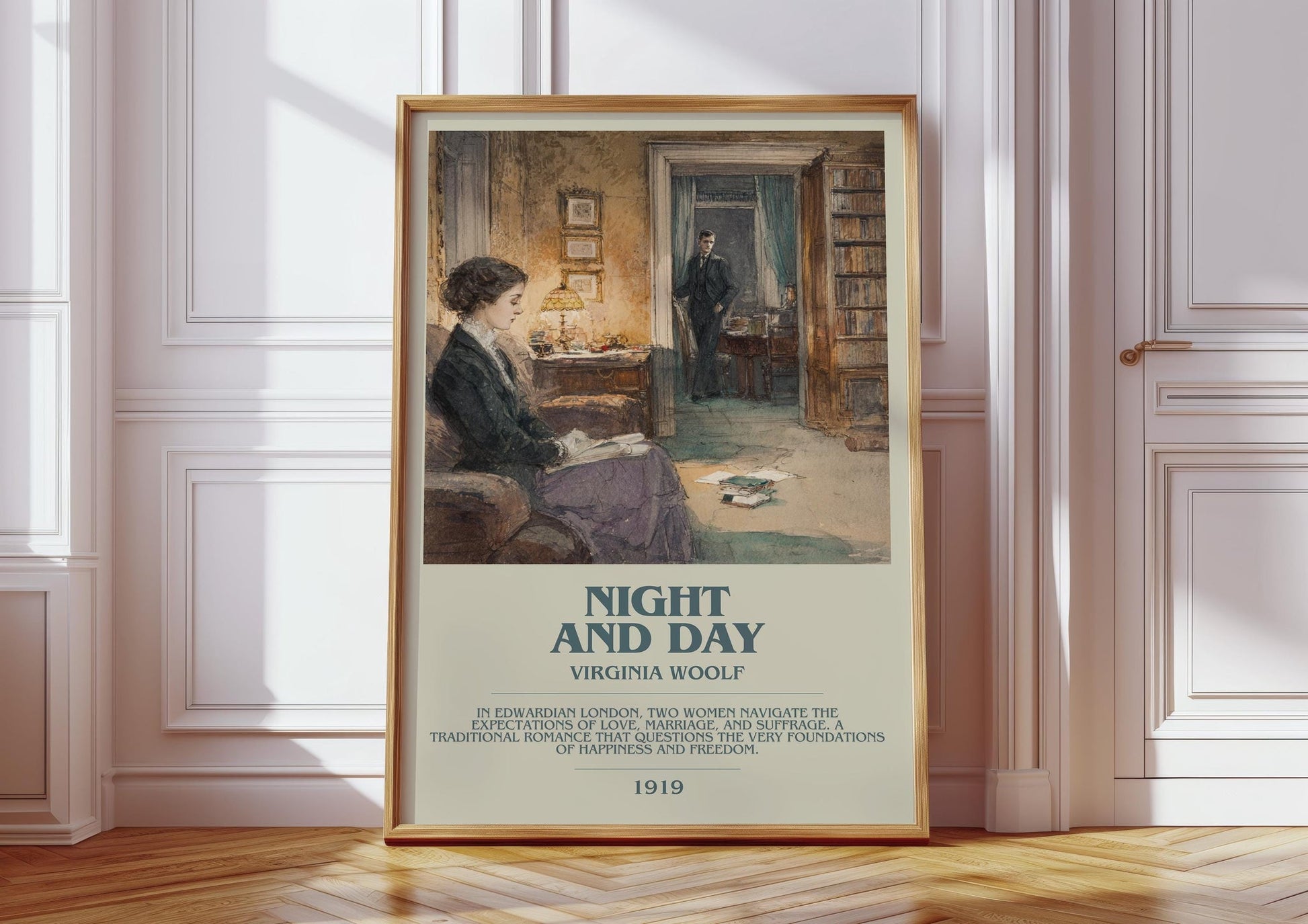 Night and Day bookish print in frame leaning in hallway – classic literature wall art