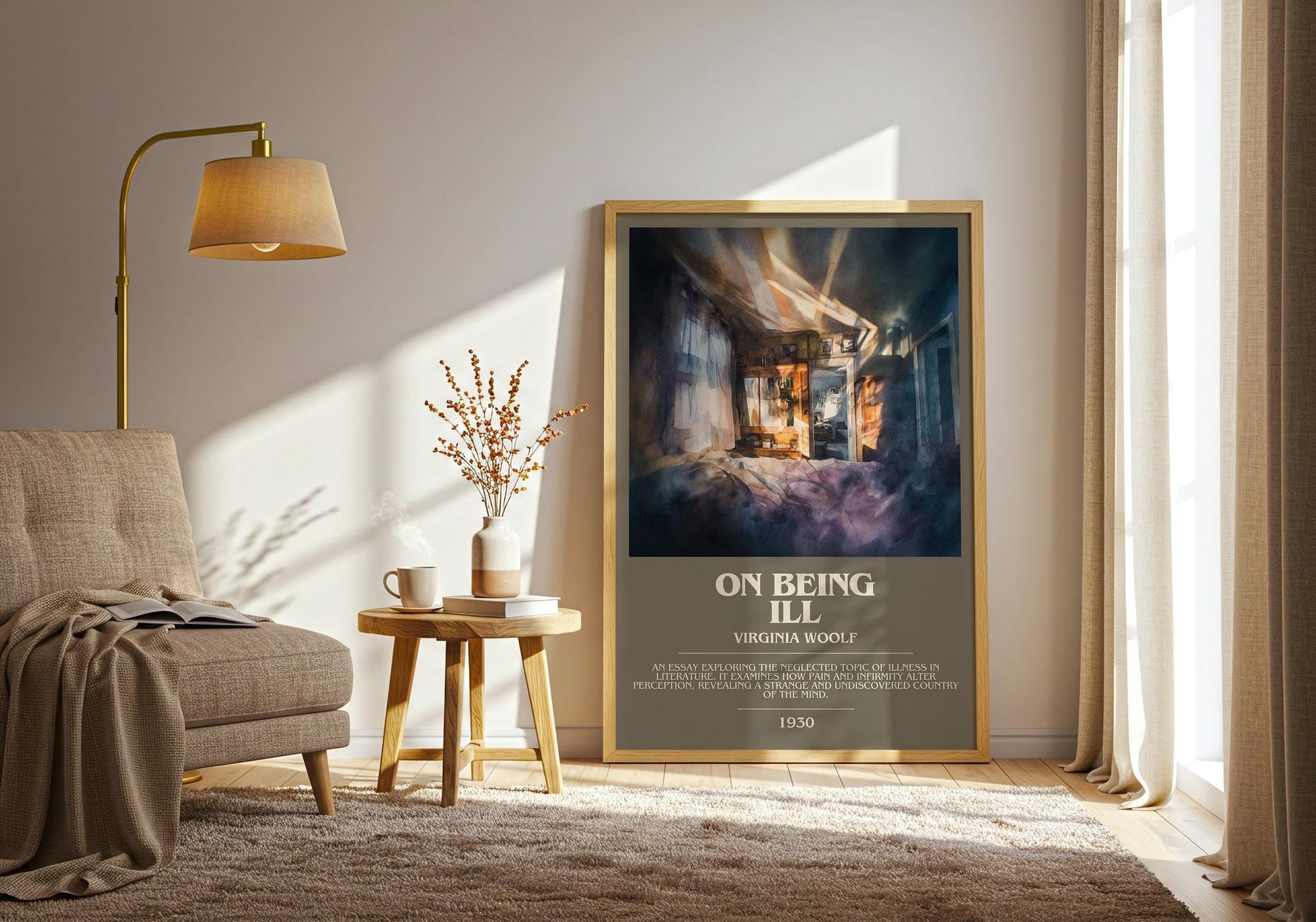 On Being Ill bookish print on bookshelf – Virginia Woolf fan gift