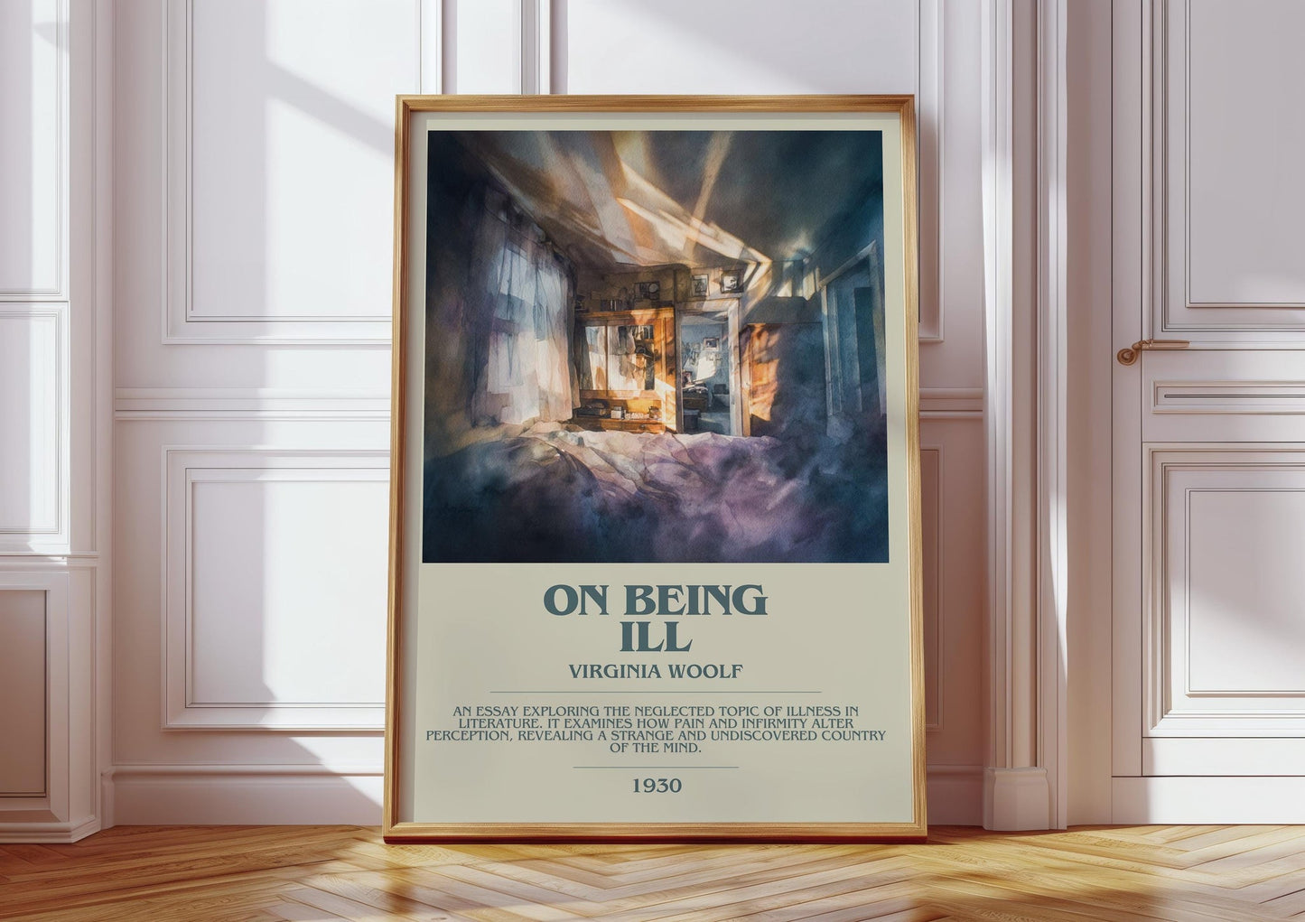 On Being Ill bookish print in frame leaning in hallway – classic literature wall art