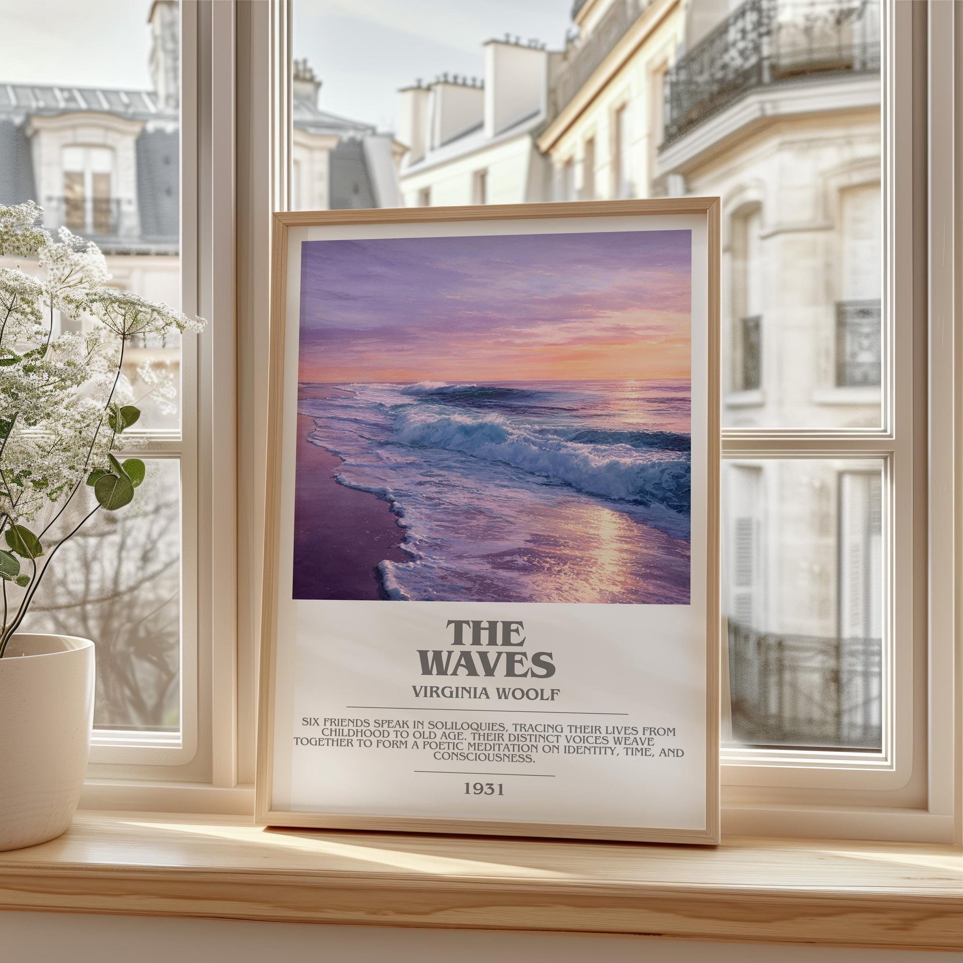 The Waves bookish print framed by window – literary home decor