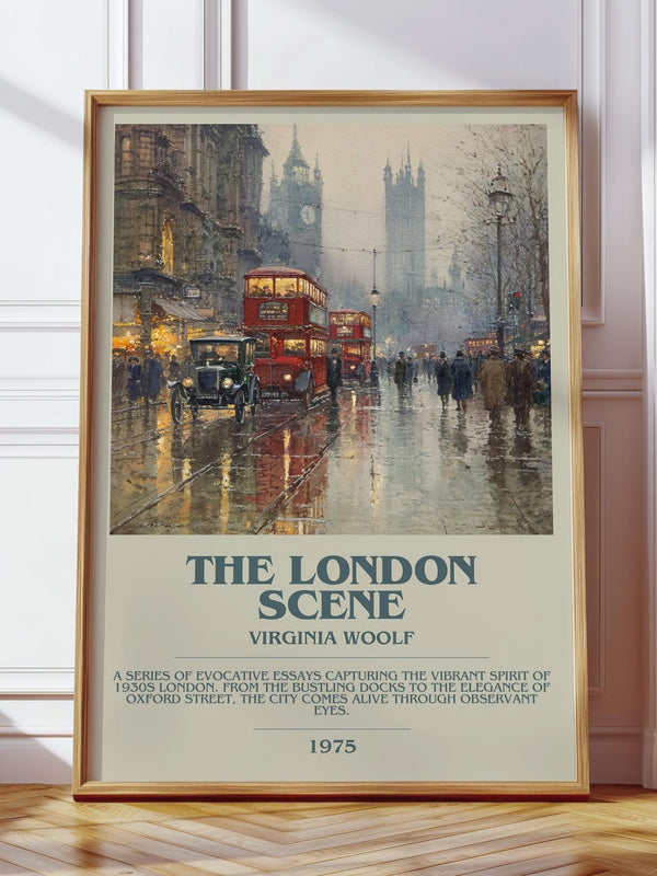 The London Scene bookish print in frame leaning in hallway – classic literature wall art