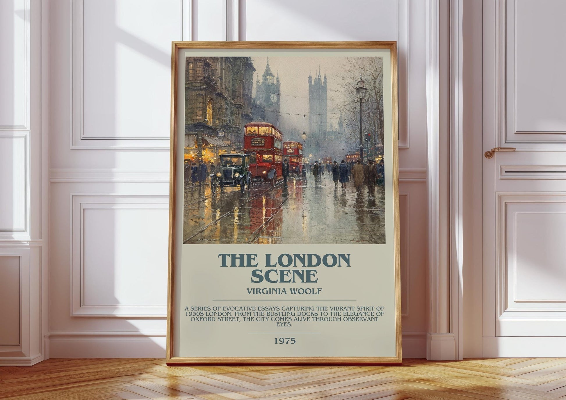 The London Scene bookish print in frame leaning in hallway – classic literature wall art
