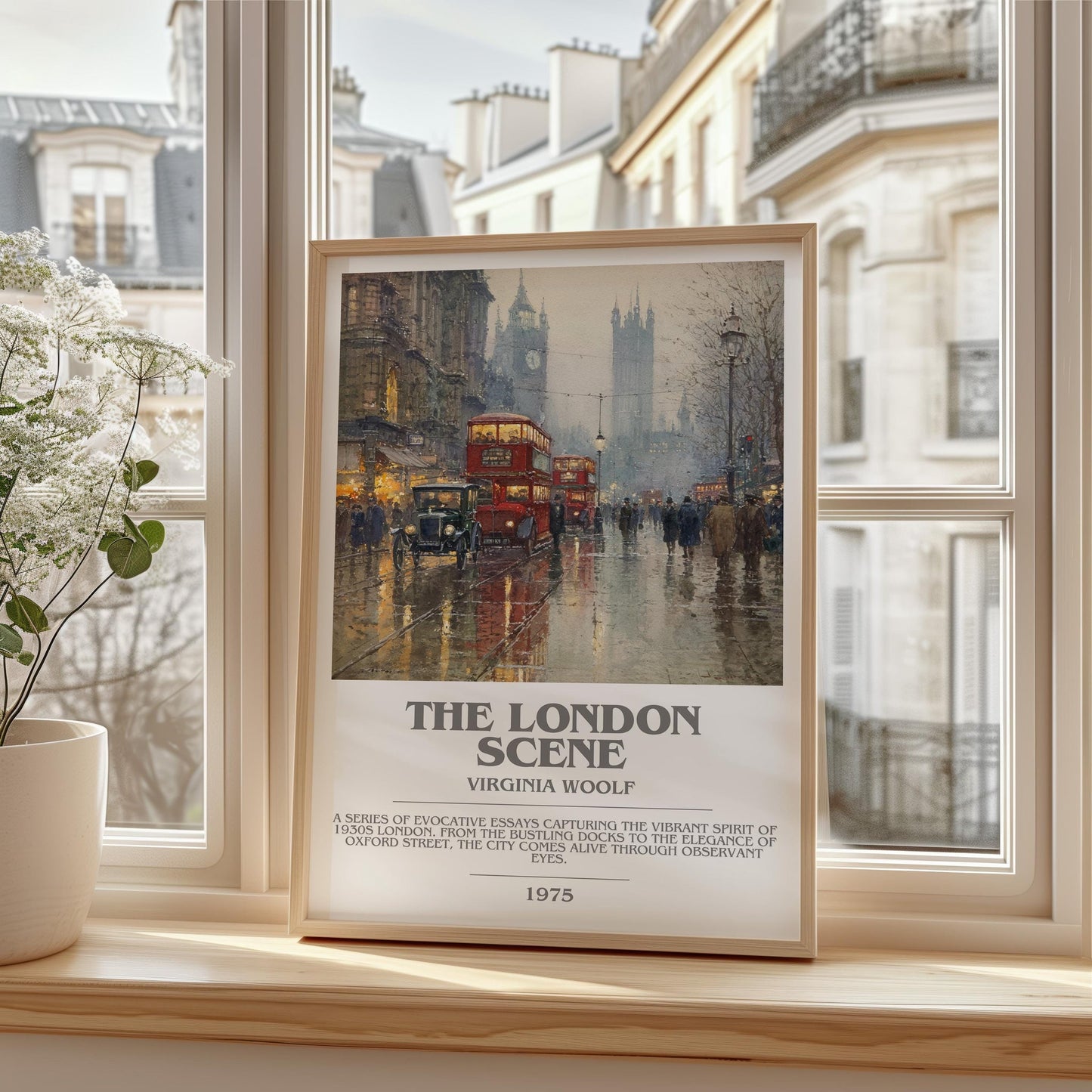 The London Scene bookish print framed by window – literary home decor