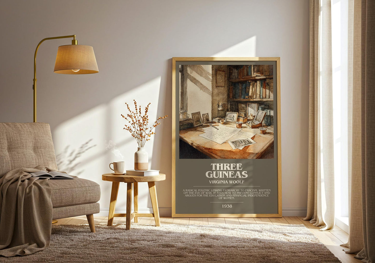 Three Guineas bookish print on bookshelf – Virginia Woolf fan gift