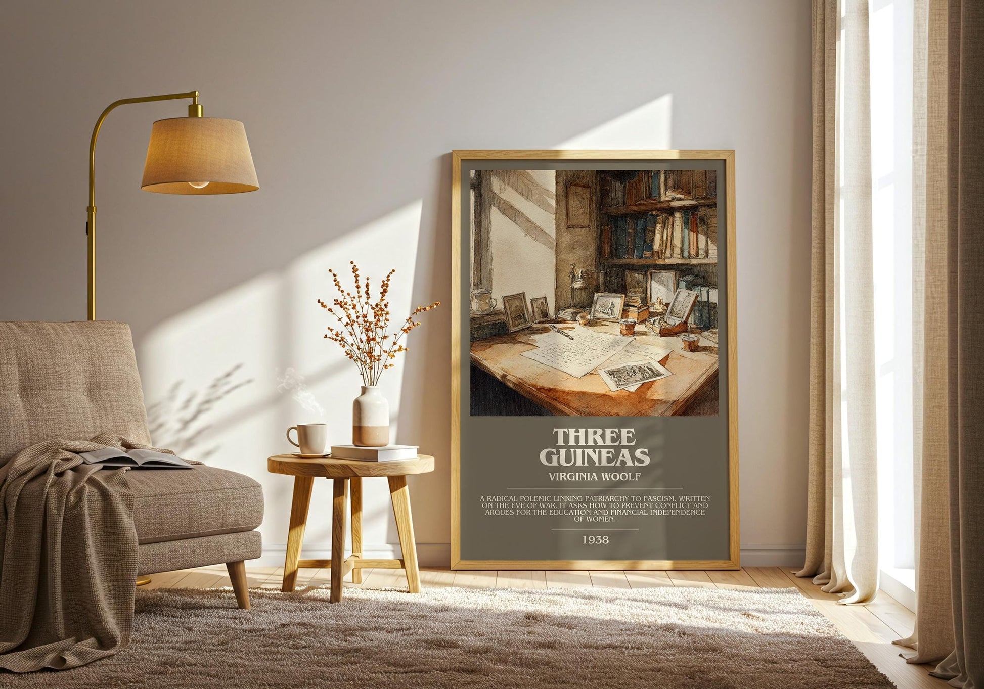 Three Guineas bookish print on bookshelf – Virginia Woolf fan gift