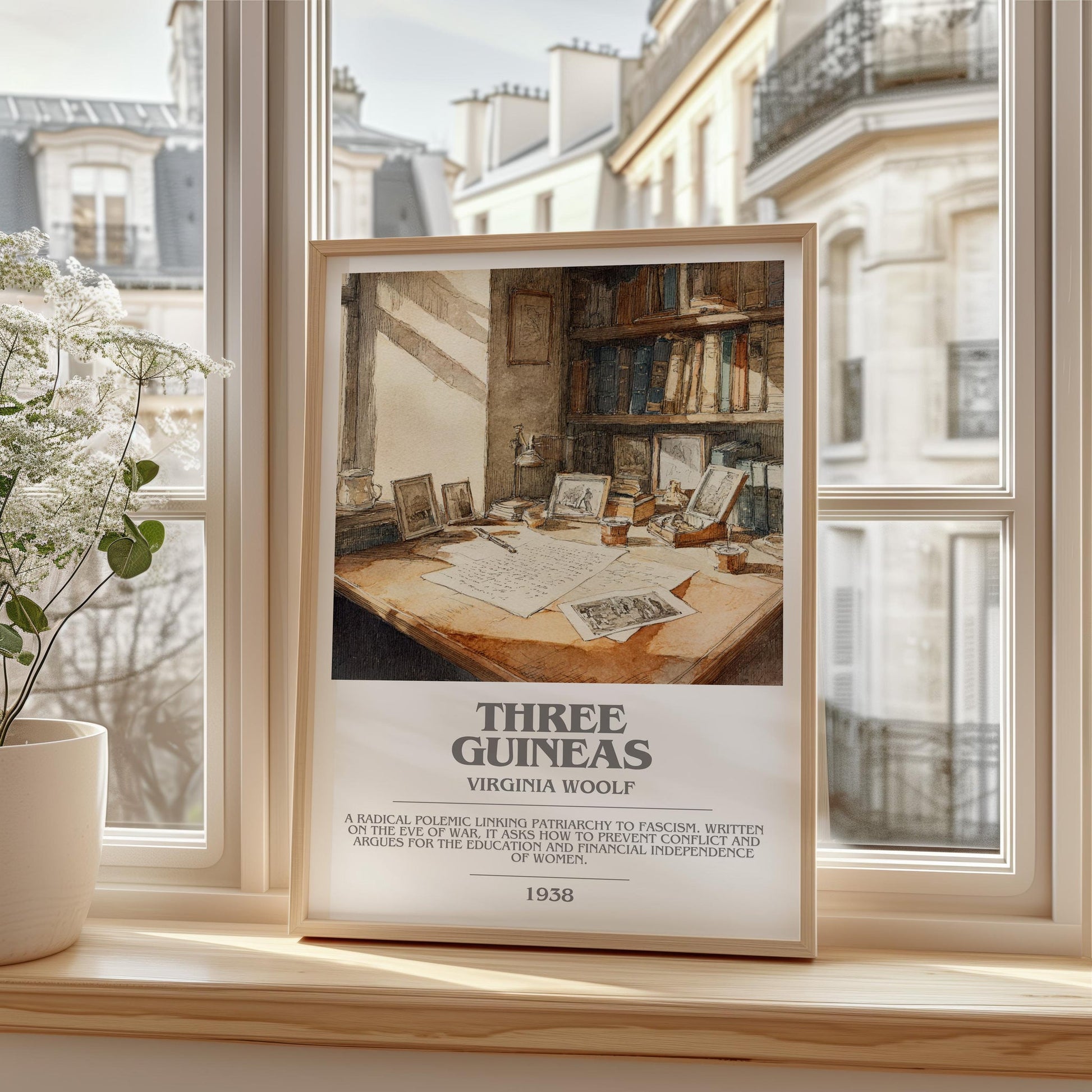 Three Guineas bookish print framed by window – literary home decor