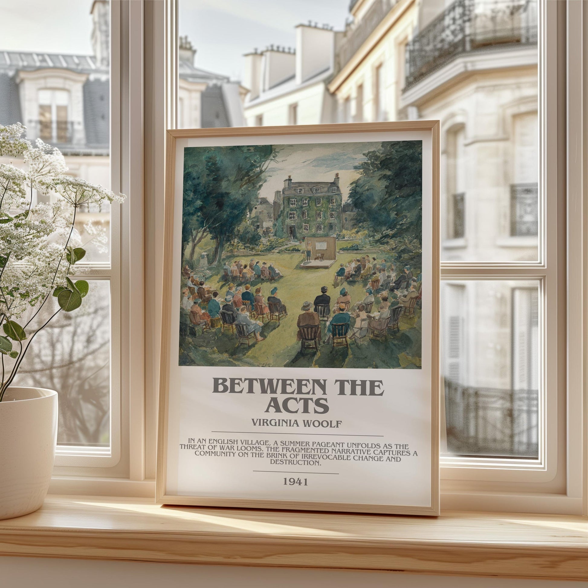Between the Acts bookish print framed by window – literary home decor