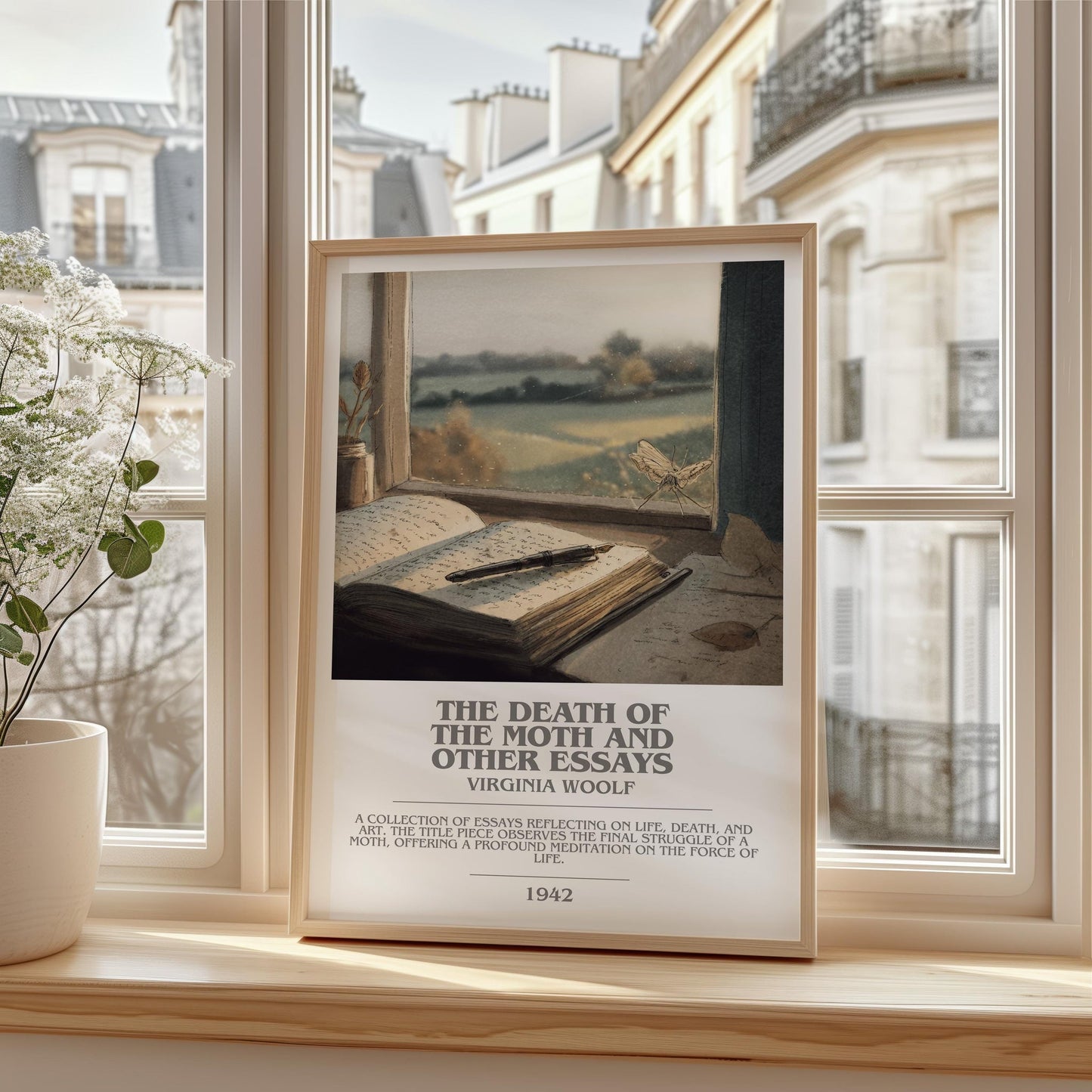The Death of the Moth and Other Essays bookish print framed by window – literary home decor