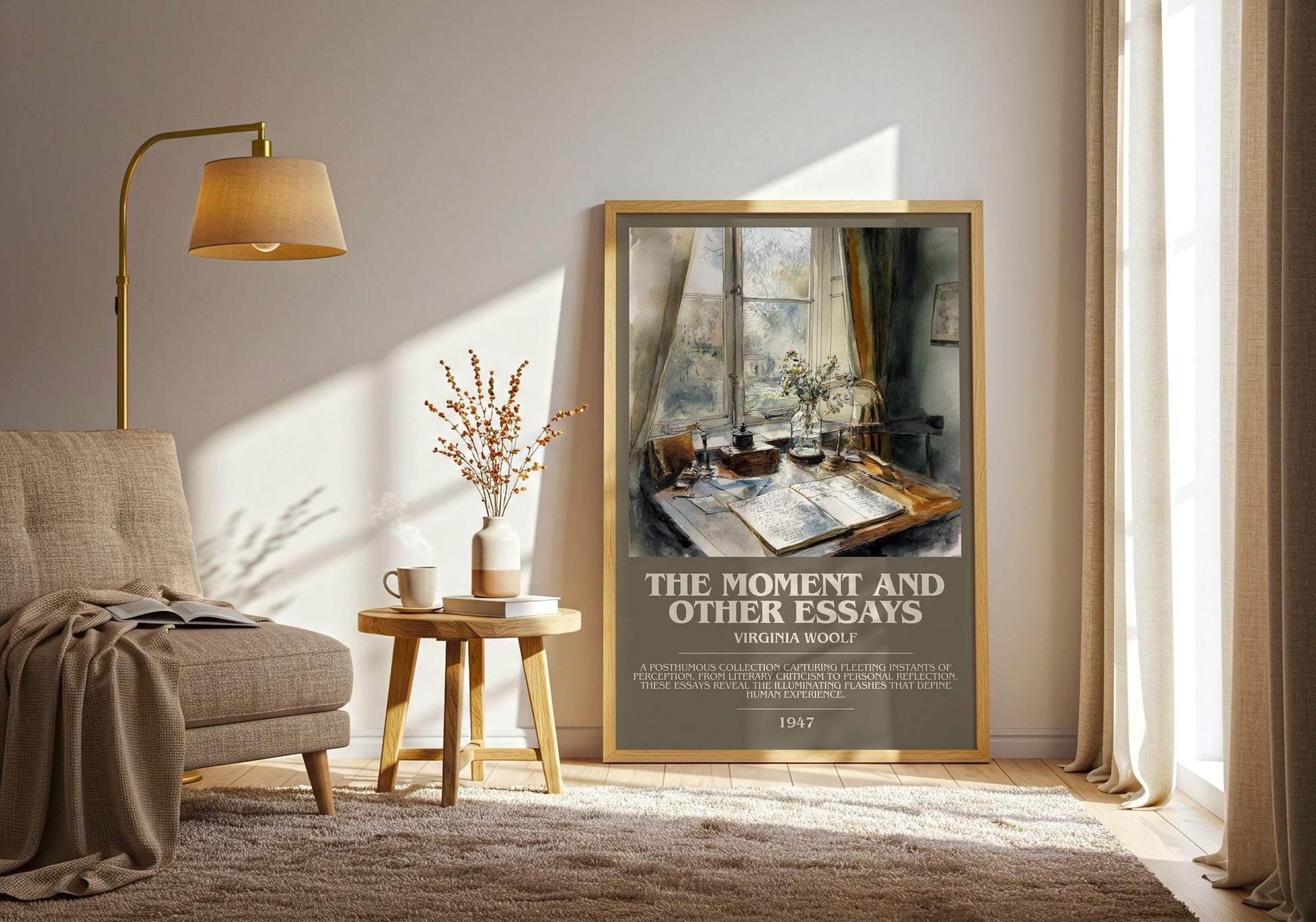 The Moment And Other Essays bookish print on bookshelf – Virginia Woolf fan gift