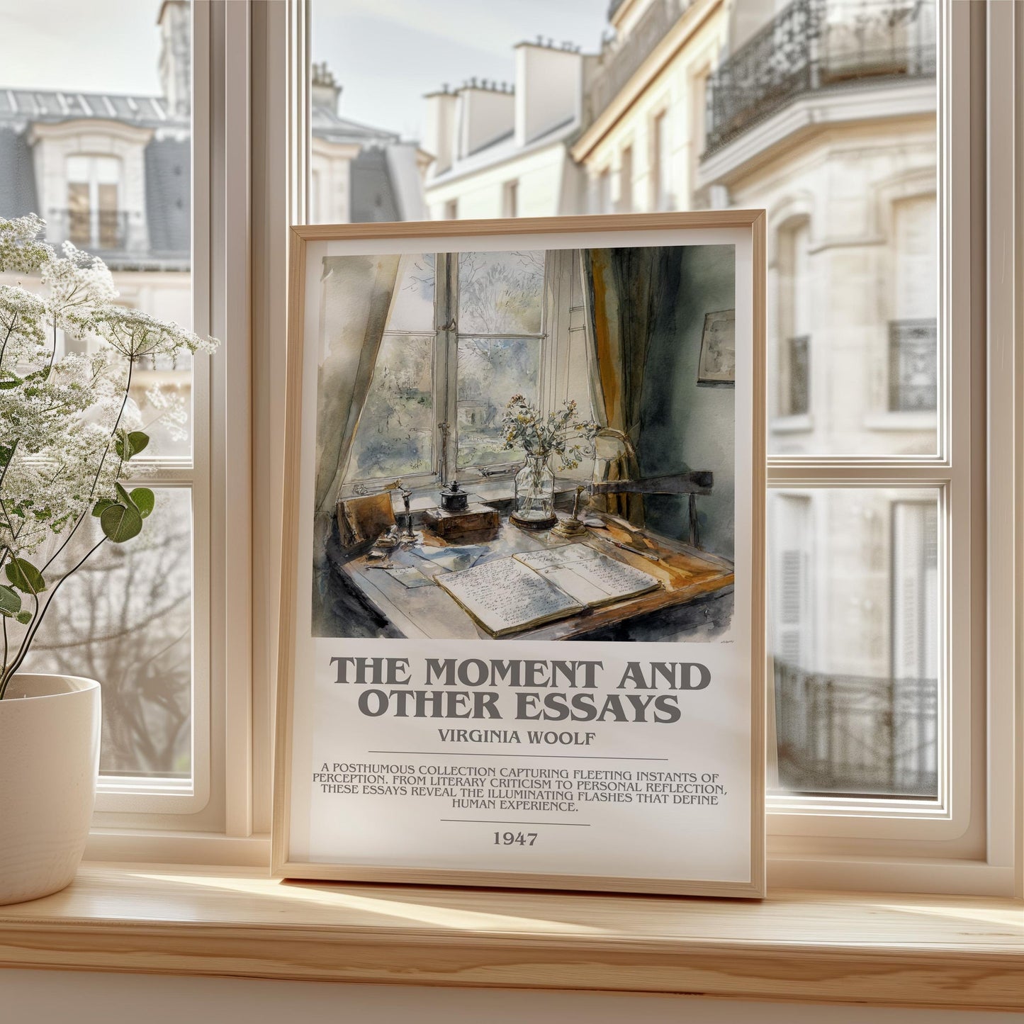 The Moment And Other Essays bookish print framed by window – literary home decor
