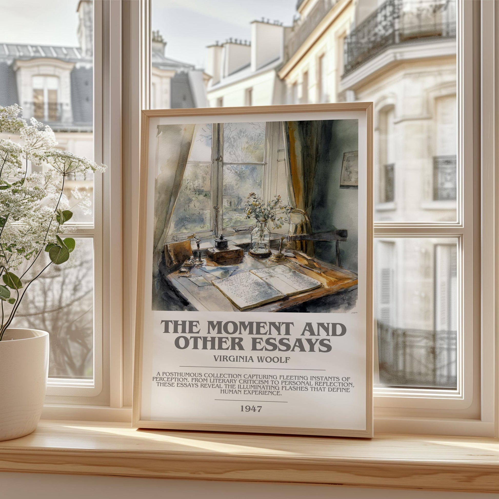 The Moment And Other Essays bookish print framed by window – literary home decor