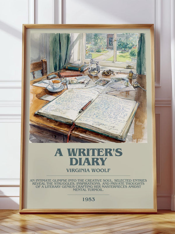 A Writer's Diary bookish print in frame leaning in hallway – non fiction wall art