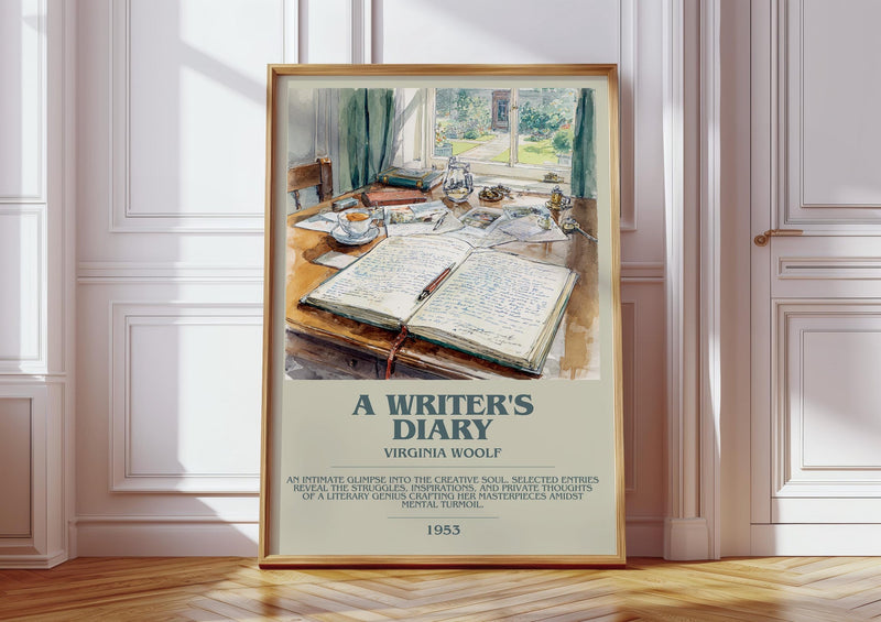 A Writer's Diary bookish print in frame leaning in hallway – non fiction wall art