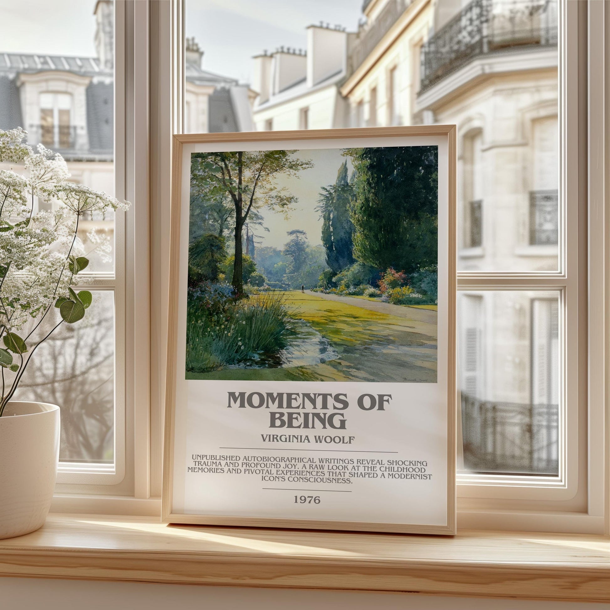 Moments of Being bookish print framed by window – literary home decor