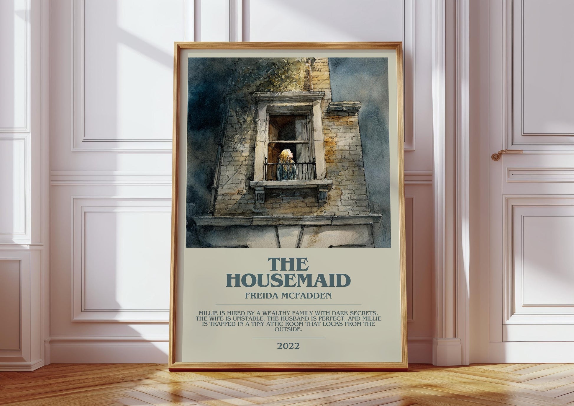 The Housemaid bookish print in frame leaning in hallway – non fiction wall art