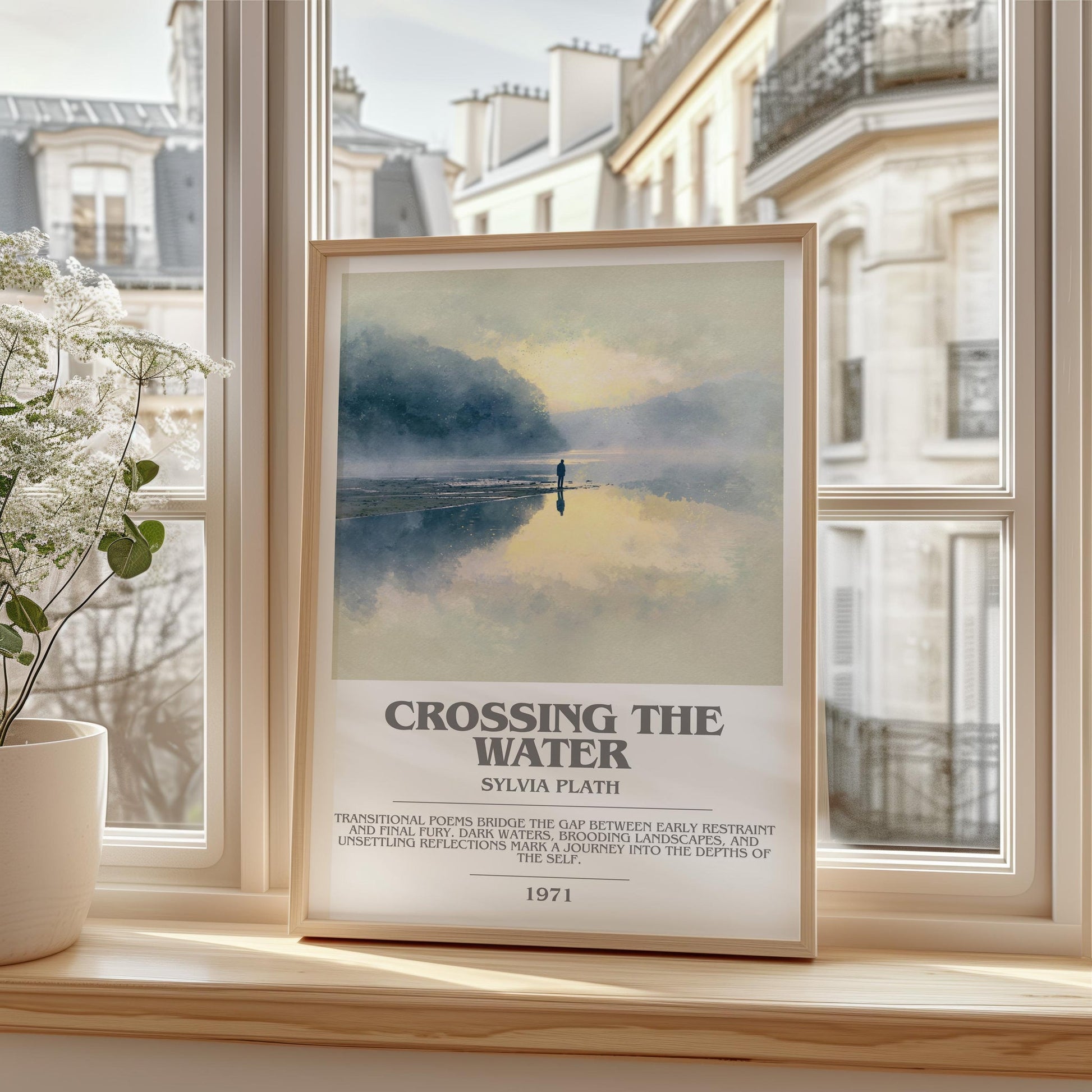 Crossing the Water bookish print framed by window – literary home decor