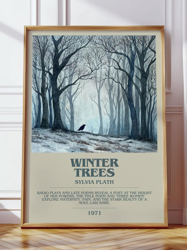 Winter Trees bookish print in frame leaning in hallway – poetry wall art