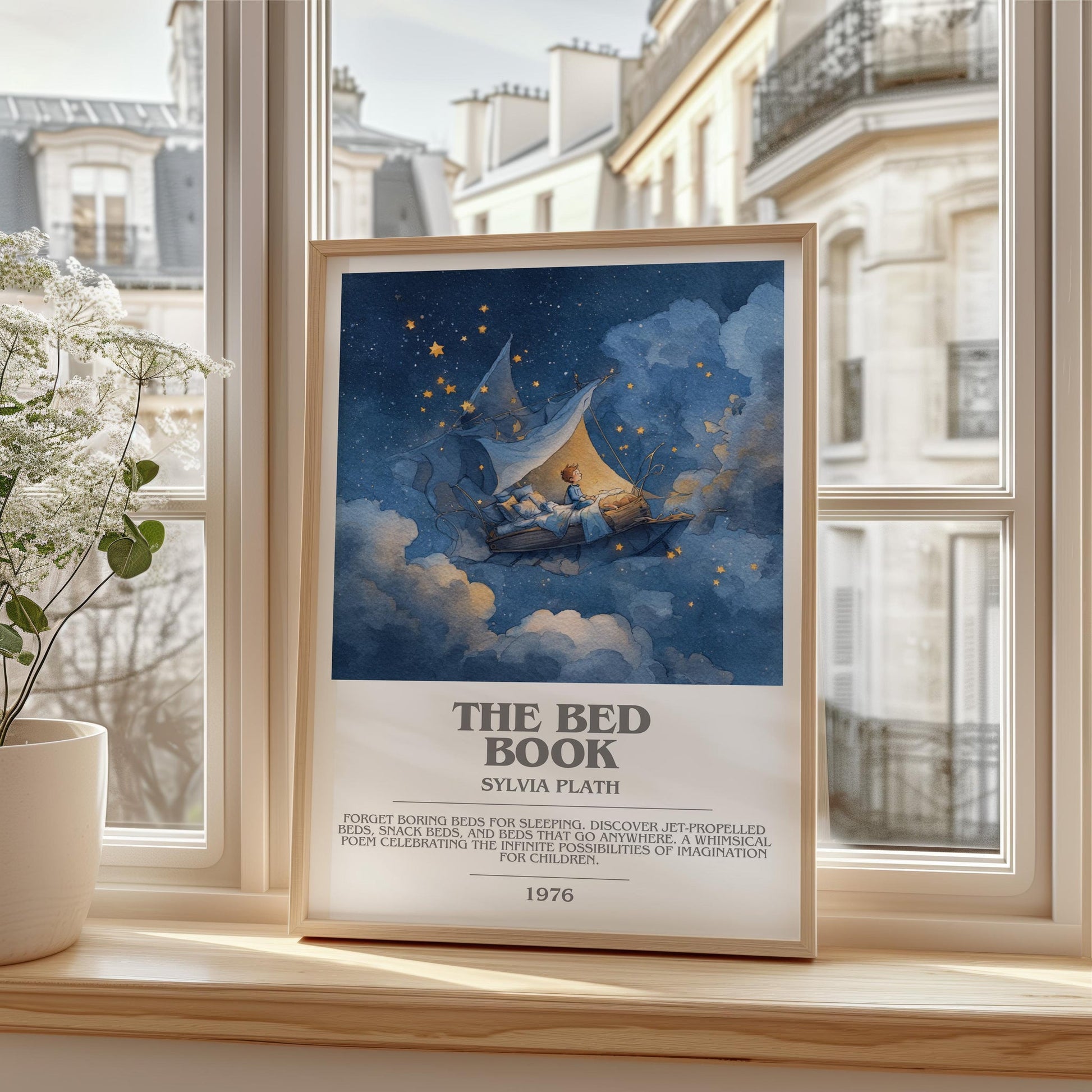 The Bed Book bookish print framed by window – literary home decor