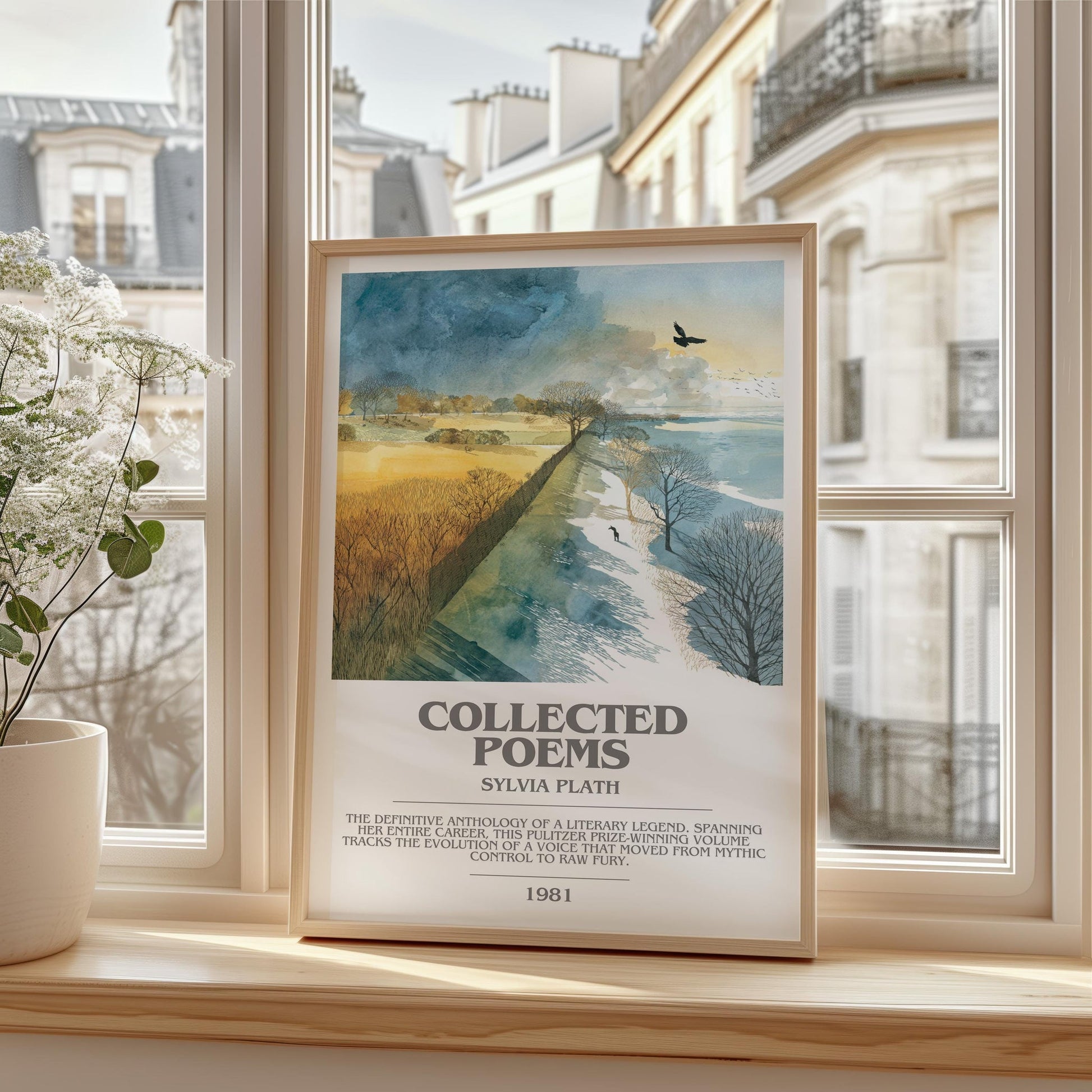 The Collected Poems bookish print framed by window – literary home decor