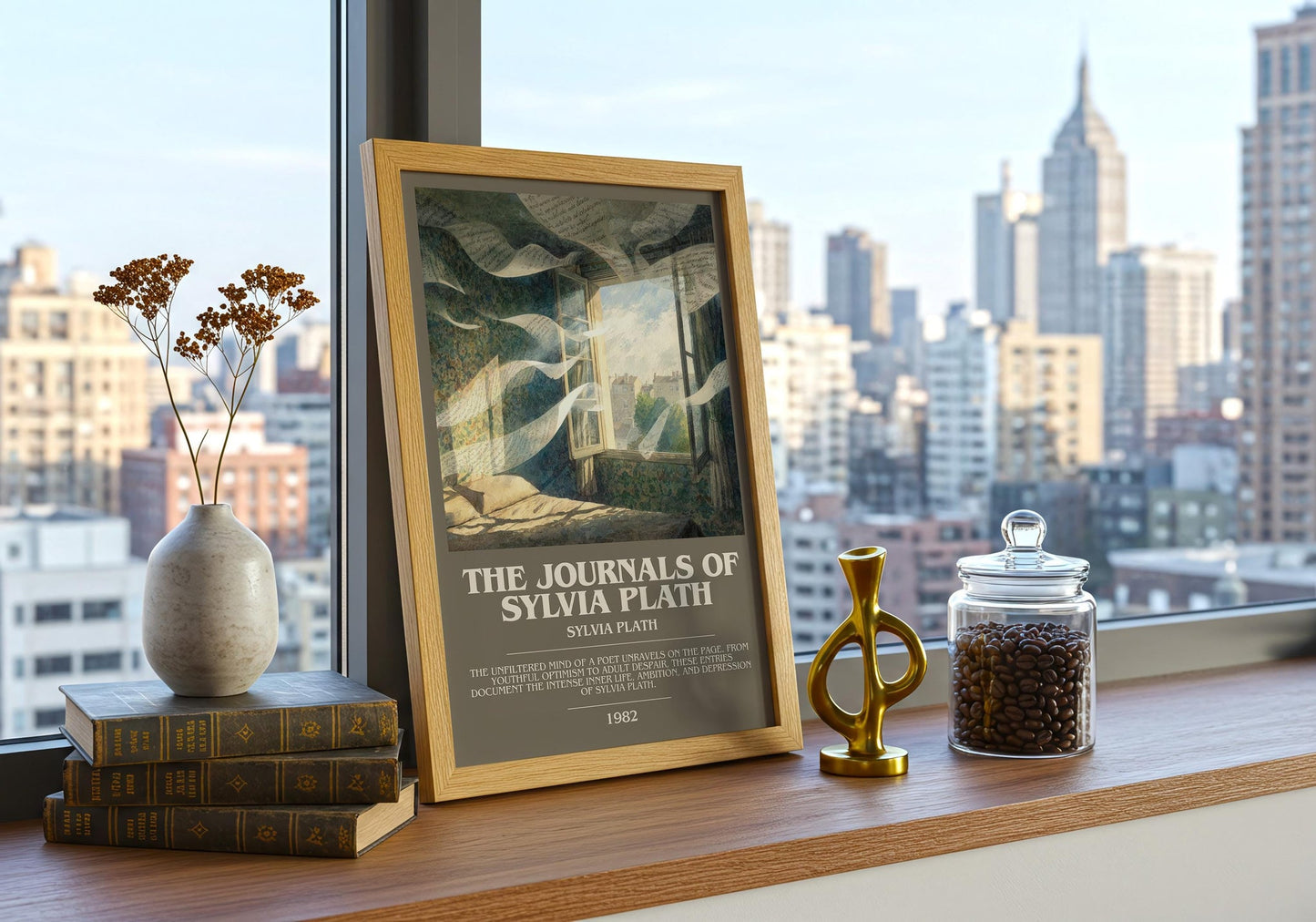 The Journals of Sylvia Plath bookish book poster framed on wall – poetry wall art