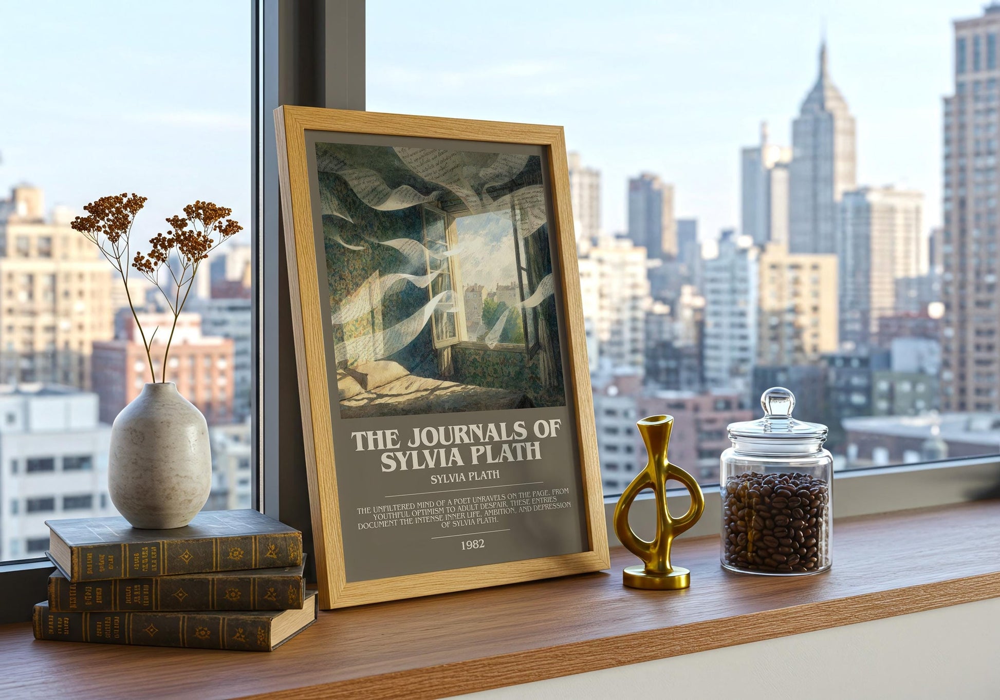 The Journals of Sylvia Plath bookish book poster framed on wall – poetry wall art