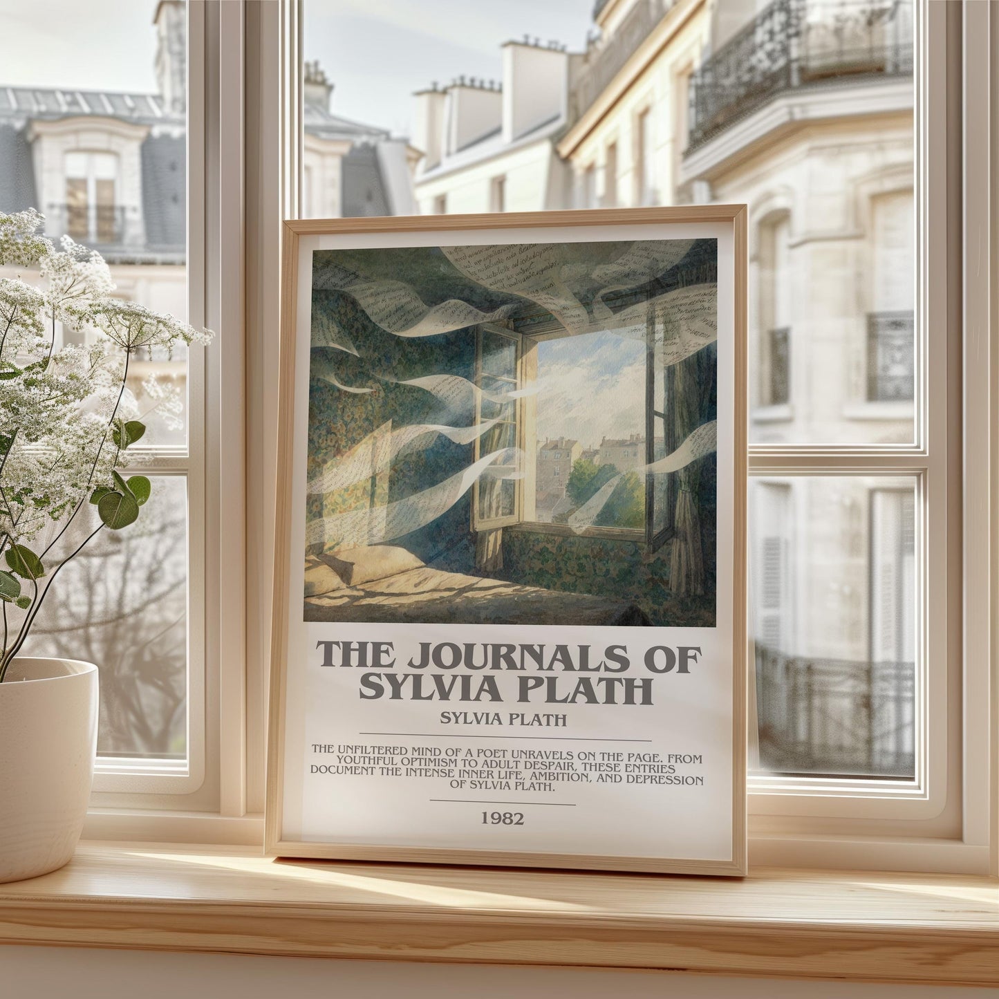 The Journals of Sylvia Plath bookish print framed by window – literary home decor