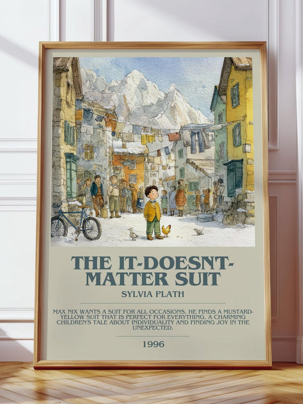 The It-Doesn't-Matter Suit bookish print in frame leaning in hallway – romance wall art