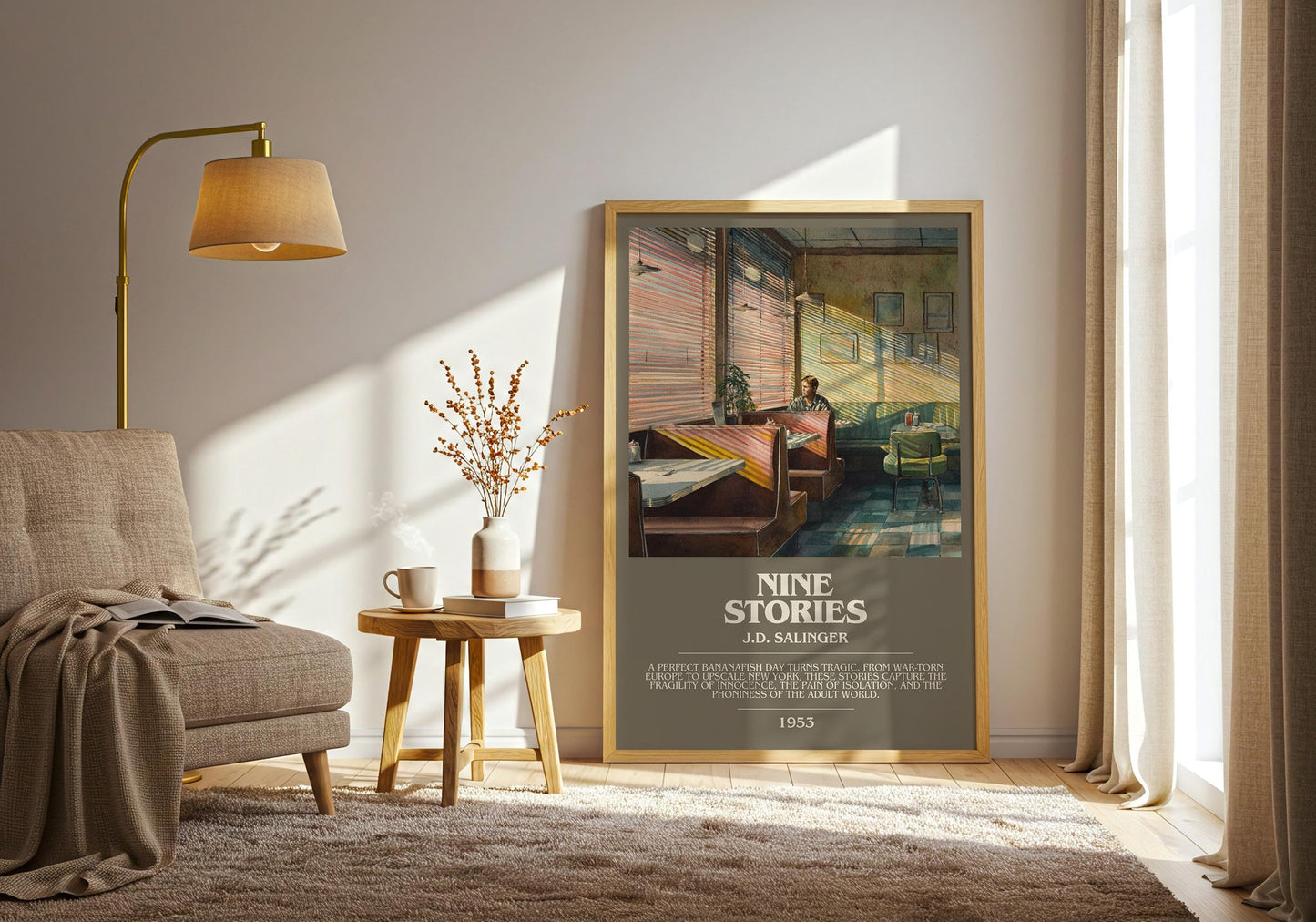 Nine Stories bookish print on bookshelf – J. D. Salinger fan gift