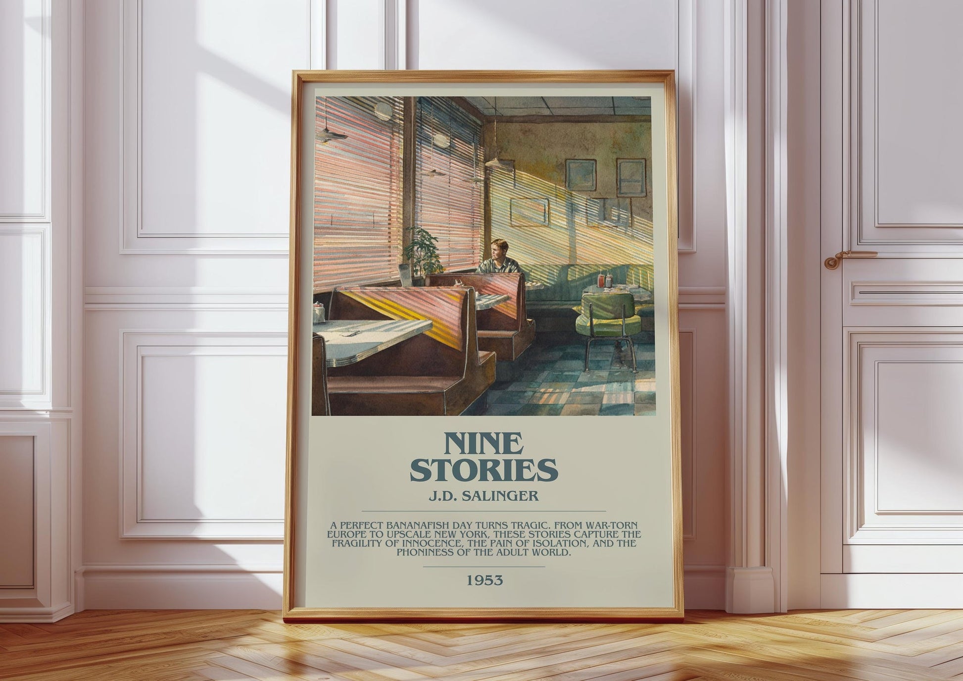 Nine Stories bookish print in frame leaning in hallway – childrens wall art