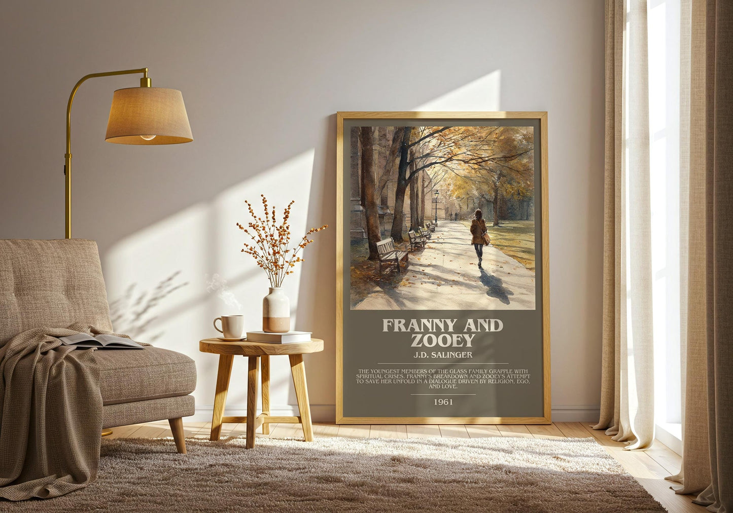Franny and Zooey bookish print on bookshelf – J.D. Salinger fan gift