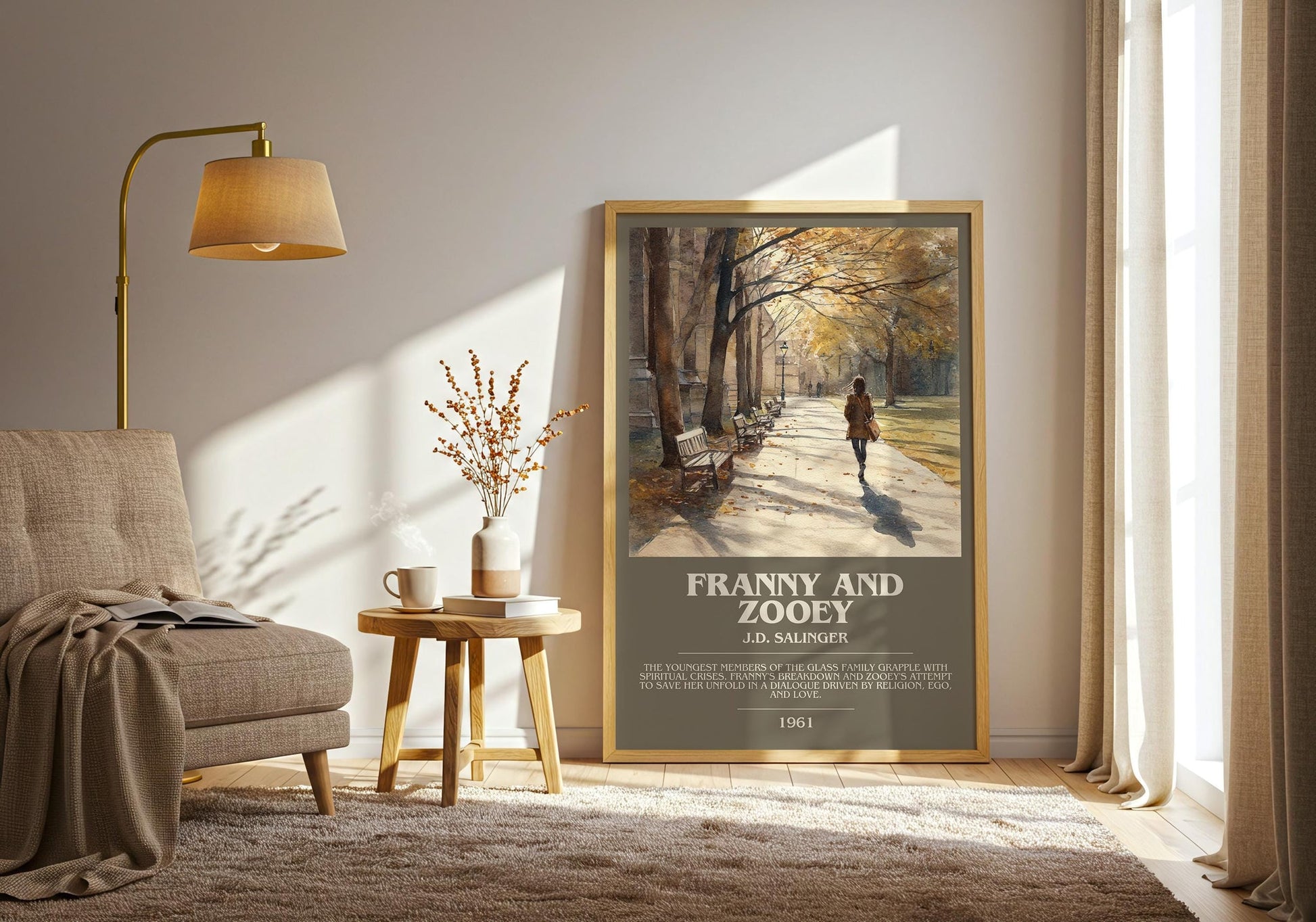 Franny and Zooey bookish print on bookshelf – J.D. Salinger fan gift