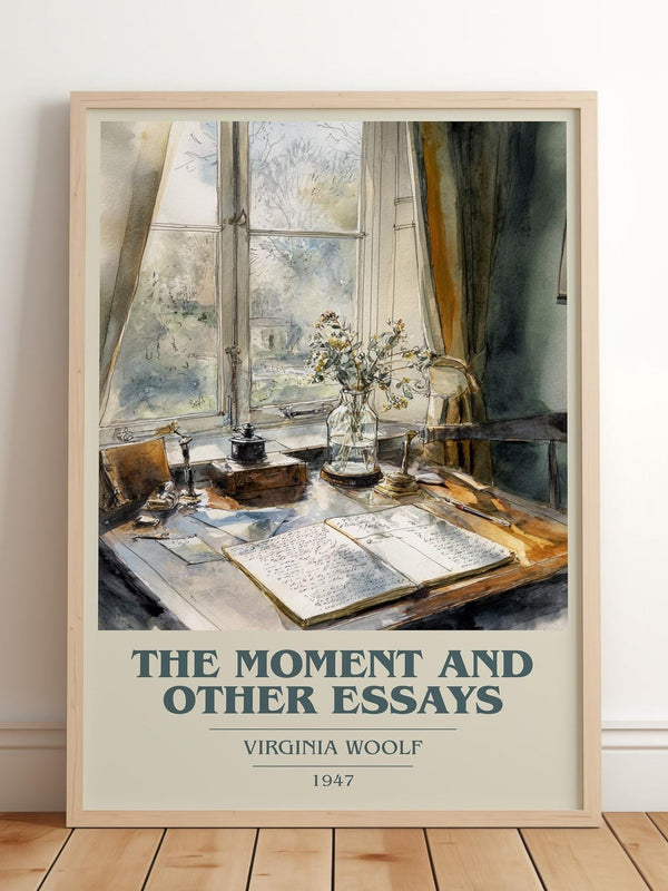 The Moment And Other Essays book cover print in frame leaning in hallway – literary fiction wall art